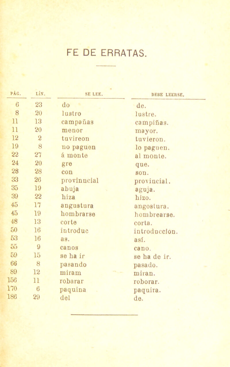 pág 6 8 11 11 12 19 22 24 28 33 35 39 45 45 48 50 53 55 59 66 89 156 no 186 FE DE ERRATAS LlN. SE LEE. DEBE LEERSE. 23 do de. 20 lustro lustre. 13 campañas campiñas. 20 menor mayor. 2 tuvireon tuvieron. 8 no paguen lo paguen. 27 á monte al monte. 20 gre que. 28 con son. 26 provinucial provincial. 19 abuja aguja. 22 biza hizo. 17 angustura angostura. 19 hombrarse hombrearse. 13 corte corta. 16 introduc introducción. 16 as. así. 9 canos cano. 15 se ha ir se ha de ir. 8 pasando pasado. 12 miram miran. 11 robarar roborar. 6 paquina paquira. 29 del de.