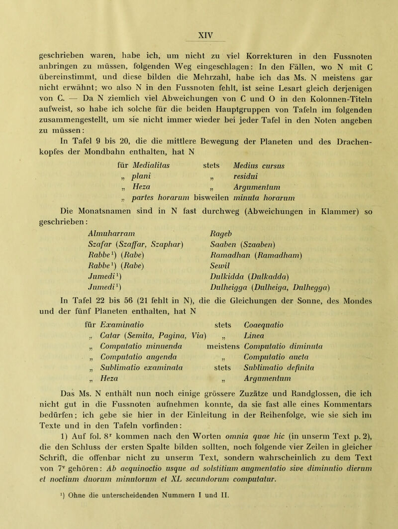 geschrieben waren, habe ich, um nicht zu viel Korrekturen in den Fussnoten anbringen zu müssen, folgenden Weg eingeschlagen: In den Fällen, wo N mit C übereinstimmt, und diese bilden die Mehrzahl, habe ich das Ms. N meistens gar nicht erwähnt; wo also N in den Fussnoten fehlt, ist seine Lesart gleich derjenigen von C. — Da N ziemlich viel Abweichungen von C und O in den Kolonnen-Titeln aufweist, so habe ich solche für die beiden Hauptgruppen von Tafeln im folgenden zusammengestellt, um sie nicht immer wieder bei jeder Tafel in den Noten angeben zu müssen: In Tafel 9 bis 20, die die mittlere Bewegung der Planeten und des Drachen- kopfes der Mondbahn enthalten, hat N für Medialitas stets Medius cursus „ plani „ residui „ Heza „ Argumentum „ partes horarum bisweilen minuta horarum Die Monatsnamen sind in N fast geschrieben: Almuharram Szafar {Szaffar, Szaphar) Rabbe^) {Rabe) Rabbe^) {Rabe) Jumedi^) Jumedi In Tafel 22 bis 56 (21 fehlt in N), und der fünf Planeten enthalten, hat N durchweg (Abweichungen in Klammer) so Rageb Saaben {Szaaben) Ramadhan {Ramadham) Sewil Dulkidda {Dutkadda) Dulheigga {Dulheiga, Dulhegga) lie die Gleichungen der Sonne, des Mondes für 5? 5) J5 Examinatio Catar {Semita, Pagina, Via) Computatio miniienda Computatio augenda Sublimatio examinata Heza stets Coaequatio „ Linea meistens Computatio diminuta „ Computatio aucta stets Sublimatio definita „ Argumentum Das Ms. N enthält nun noch einige grössere Zuzätze und Randglossen, die ich nicht gut in die Fussnoten aufnehmen konnte, da sie fast alle eines Kommentars bedürfen; ich gebe sie hier in der Einleitung in der Reihenfolge, wie sie sich im Texte und in den Tafeln vorfinden: 1) Auf fol. kommen nach den Worten omnia quae hic (in unserm Text p. 2), die den Schluss der ersten Spalte bilden sollten, noch folgende vier Zeilen in gleicher Schrift, die offenbar nicht zu unserm Text, sondern wahrscheinlich zu dem Text von 7^^ gehören: Ab aequinoctio usqiie ad solstitiiim augmentatio sive diminiitio dierum et noctium duorum minutorum et XL secundorum computatur. ') Ohne die unterscheidenden Nummern I und II.