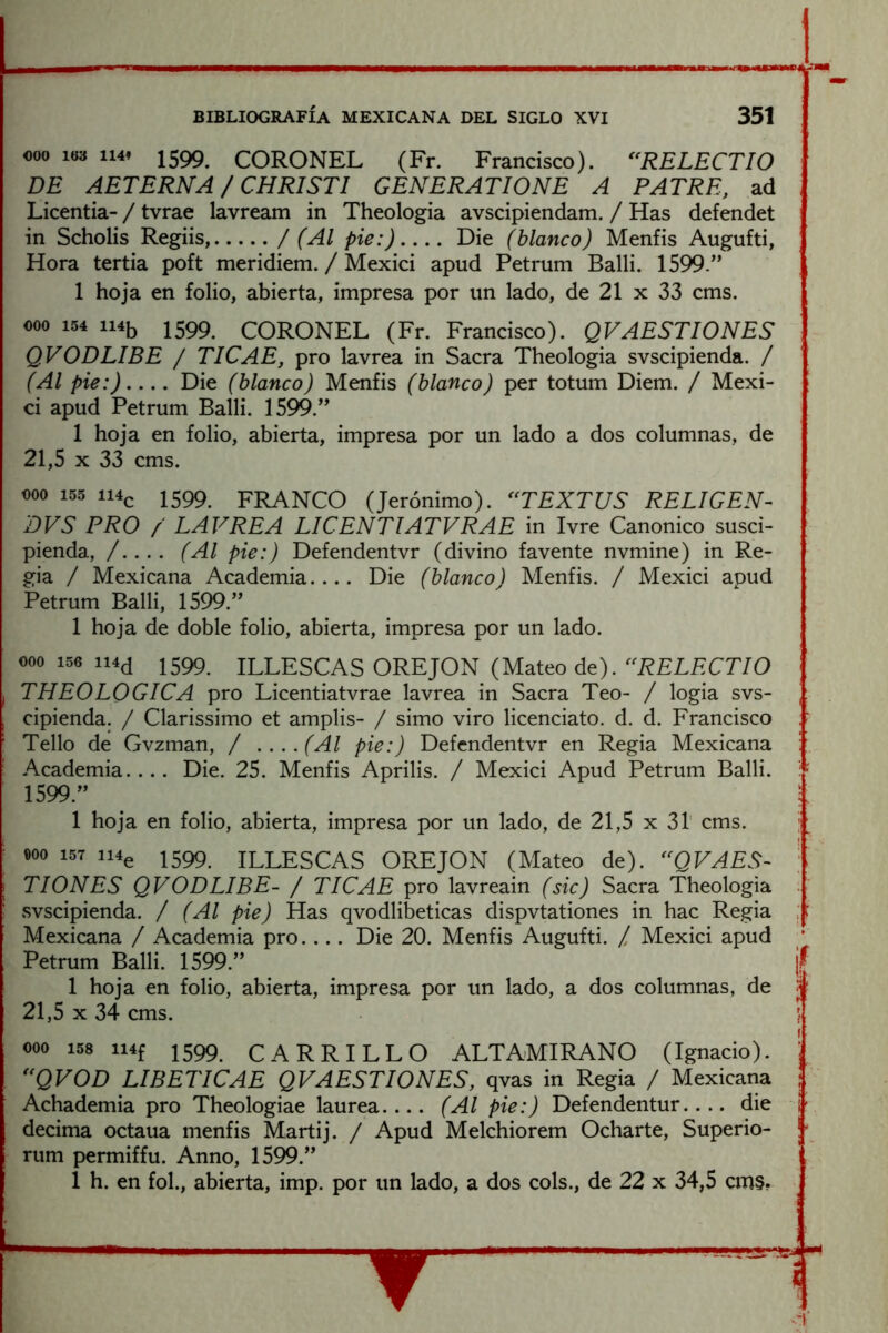 000 103 114Í 1599, CORONEL (Fr. Francisco). ^'RELECTIO DE AETERNA / CHRISTl GENERATIONE A PATRE, ad , Licentia- / tvrae lavream in Theologia avscipiendam. / Has defendet in Scholis Regiis, / (Al pie:).,.. Die (blanco) Menfis Augufti, Hora tertia poft meridiem. / Mexici apud Petrum Balli. 1599/' 1 hoja en folio, abierta, impresa por un lado, de 21 x 33 cms. 000 154 1145 1599 CORONEL (Fr. Francisco). QVAESTIONES QVODLIBE / TICAE, pro lavrea in Sacra Theologia svscipienda. / (Al pie:) Die (blanco) Menfis (blanco) per totum Diem. / Mexi- ci apud Petrum Balli. 1599. 1 hoja en folio, abierta, impresa por un lado a dos columnas, de 21,5 X 33 cms. 000 155 114c 1599. FRANCO (Jerónimo). ^TEXTUS RELIGEN- DVS PRO / LAVREA LICENTIATVRAE in Ivre Canónico susci- pienda, /.... (Al pie:) Defendentvr (divino favente nvmine) in Re- gia / Mexicana Academia.... Die (blanco) Menfis. / Mexici apud Petrum Balli, 1599. 1 hoja de doble folio, abierta, impresa por un lado. 000 156 1599 ilLESCAS OREJON (Mateo de). ‘^RELECTIO THEOLQGICA pro Licentiatvrae lavrea in Sacra Teo- / logia svs- , cipienda. / Clarissimo et amplis- / simo viro licenciato. d. d. Francisco Tello de Gvzman, / ....(Al pie:) Defendentvr en Regia Mexicana ; Academia.... Die. 25. Menfis Aprilis. / Mexici Apud Petrum Balli. 1599. 5. 1 hoja en folio, abierta, impresa por un lado, de 21,5 x 3T cms. ;■ 000 157 ii4e 1599 ILLESCAS OREJON (Mateo de). ^‘QVAES- ■ TIONES QVODLIBE- / TICAE pro lavreain (sic) Sacra Theologia . svscipienda. / (Al pie) Has qvodlibeticas dispvtationes in hac Regia Mexicana / Academia pro.... Die 20. Menfis Augufti. / Mexici apud Petrum Balli. 1599. ¡f 1 hoja en folio, abierta, impresa por un lado, a dos columnas, de ^' 21,5 X 34 cms. :• 000 158 ii4f 1599 CARRILLO ALTAMIRANO (Ignacio). ! ''QVOD LIBETICAE QVAESTIONES, qvas in Regia / Mexicana ¡ Achademia pro Theologiae laurea.... (Al pie:) Defendentur.... die i- decima octaua menfis Martij. / Apud Melchiorem Ocharte, Superio- rum permiffu. Anno, 1599. 1 h. en fol., abierta, imp. por un lado, a dos cois., de 22 x 34,5 cm§. •