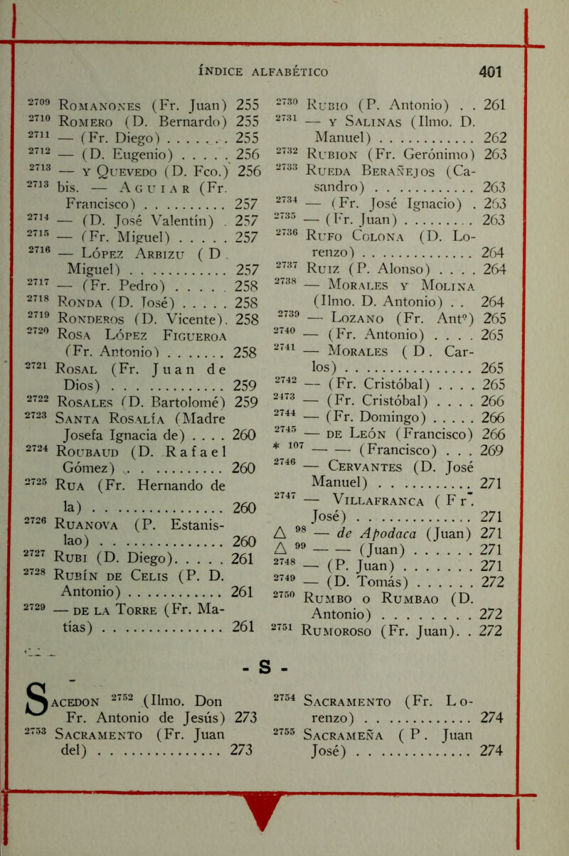 Rom ANONES (Fr. Juan) 255 Romero (D, Bernardo) 255 2711 _ (Yr. Diego) 255 (D. Eugenio) 256 2713 — Y Quevedo (D. Fco.) 256 bis. — Aguiar (Fr. Francisco) 257 — (D. José Valentín) . 257 — TFr. Miguel) 257 2716 — López Arbizu ( D . Miguel) 257 — (Fr. Pedro) 258 Ronda (D. losé) 258 Ronderos (D. Vicente). 258 Rosa López Figueroa (Fr. Antonio) 258 Ro.sal (Fr. Juan de Dios) 259 Rosales TD. Bartolomé) 259 Santa Rosalía (Madre Josefa Ignacia de) .... 260 2^24 Roubaud (D. Rafael Gómez) 260 Rúa (Fr. FTernando de la) 260 Ruanova (P. Estanis- lao) 260 2727 YvBi (D. Diego) 261 2728 Rubín de Celis (P. D. Antonio) 261 2729 — la Torre (Fr. Ma- tías) 261 2730 Rubio (P. Antonio) . . 261 2731 — Y Salinas (limo. D. Manuel) 262 2732 Rubion (Fr. Gerónimo) 263 2733 Rueda Berañejos (Ca- sandro) 263 — (Fr. José Ignacio) . 263 2735 _ (pj. 263 2736 Rufo Colon a (D. Lo- renzo ) 264 27'^ Ruiz (P. Alonso) .... 264 2738 — Morales y Molina (limo. D. Antonio) . . 264 2739 — Lozano (Fr. Ant-) 265 2740 — ^pj. Antonio) .... 265 2741 — ATORALES ( D . Car- los) 265 2742 — ^Pj. Cristóbal) .... 265 — (Fr. Cristóbal) .... 266 — (Fr. Domingo) 266 2745 — LL León (Francisco) 266 * (Francisco) . . . 269 2746 — Cervantes (D. José Manuel) 271 2747 ViLLAFRANCA ( F r”. José) 271 A — de Apodaca (Juan) 271 A (Juan) 271 2748 _ (p Juan) 271 2749 — Tomás) 272 2750 Rumbo o Rumbao (D. Antonio) 272 Rumoroso (Fr. Juan). . 272 - s - s ACEDON (limo. Don Fr. Antonio de Jesús) 273 Sacramento (Fr. Juan del) 273 Sacramento (Fr. Lo- renzo) Sacra MENA ( P . Juan José) 274 274