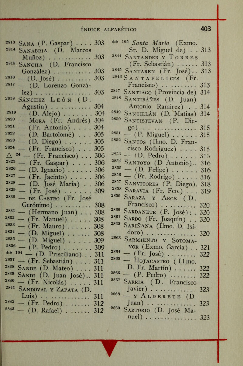 2813 Sana (P. Gaspar) .... 303 Sanabria (D. Marcos Muñoz) 303 281® Sancha (D. Francisco González) 303 2816 _ José) 303 2817 — Lorenzo Gonzá- lez) 303 2818 SÁNCHEZ León ( D . Agustín) 304 2819 _ (D Alejo) 304 2820 __ Mora (Fr. Andrés) 304 2821 — ^Pj._ Antonio) .... 304 2822 _ Bartolomé) ... 305 2823 _ (O. Diego) 305 2824 — Francisco) . . . 305 A 24 — (Pr. Francisco) . . . ,306 2825 _ (pr. Gaspar) .... 306 2826 — Ignacio) 306 2827 _ (Pr. Jacinto) 306 — (D. José María) . . 306 — (Fr. José) 309 — DE Castro (Fr. José Gerónimo) 308 — (Hermano Juan) . . . 308 2832 _ Manuel) 308 2833 _ (Pj., Mauro) 308 2834 _ Miguel) 308 2835 _ Miguel) 309 2836 _ (P Pedro) 309 ** 104 _ (p) Prisciliano) . . 311 2837 — ^Pj. Sebastián) .... 311 Sande (D. Mateo) .... 311 2889 Sandi (D. Juan José).. 311 2840 — ^Pj. pficolás) 311 2841 Sandoval y Zapata (D. Luis) 311 — (Fr. Pedro) 312 2843 _ (p, Rafael) 312 2828 2829 2830 2831 2842 .•V-;} ** 105 María (Exmo. Sr. D. Miguel de) . . 313 2844 Santander y Torres (Fr. Sebastián) 313 2845 Santaren (Fr. José).. 313 2840 Santafeli ces (Fr. Francisco) 313 284 Santiago (Provincia de) 314 2840 Santibáñes (D. Juan) Antonio Ramírez) . .314 2849 Santillán (D. Matías) 314 28®o Santistevan ( P. Die- go) 315 2851 — Miguel) 315 28®2 Santos (limo. D. Fran- cisco Rodríguez) .... 315 - í D. Pedro) 316 28®4 Santo yo (D Antonio).. 316 2855 _ (p,^ p^j.p^^ 3^^ 2856 __ (Pj.^ Rodrigo) 316 Sanvitores (P. Diego). 318 28®8 Sara VIA (Fr. Feo.) ... 319 28®8 Saraza y Arce ( D. Francisco) 320 Sardanete (P. José): . 320 Sardo (Fr. Joaquín)’ . . 320 ^^^2 Sariñana (limo. D. Isi- doro) 320 Sarmiento y Sotoma- YOR (Exmo. García) . . 321 — (Fr. José) 322 — H0JACA.STR0 ( 11 mo. D. Fr. Martín) 322 — (P. Pedro) 322 Sarria ( D. Francisco Javier) 323 — Y Alderete (D. Juan) 323 2889 Sartorio (D. José Ma- nuel) 323 2863 2864 2865 2866 2867 2868 T