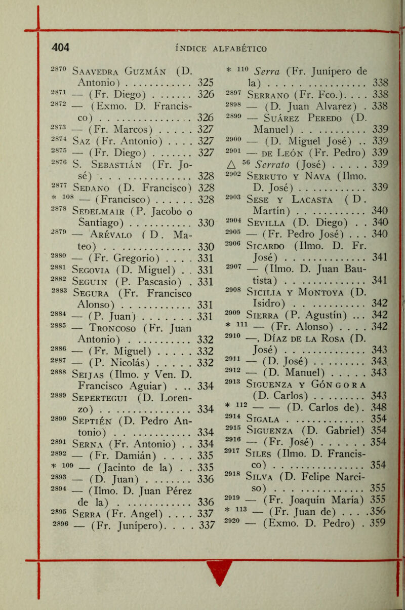 í Saavedra Guzmán (D. Antonio) 325 2871 _ (Pj- Diego) 326 — (Exino. D. Francis- co) 326 2873 _ (p^ Marcos) 327 Saz (Fr. Antonio) .... 327 2875 _ Diego) 327 S. Sebastián (Fr. Jo- sé) 328 Sedaño (D. Francisco) 328 * — (Francisco) 328 Sedelmair (P. Jacobo o Santiago) 330 2870 — Arévalo ( D . Ma- teo) 330 2880 _ (Pj. Gregorio) .... 331 Segovia (D. Miguel) . . 331 Seguin (P. Pascasio) . 331 Segura (Fr. Francisco Alonso) 331 2884 _ 331 2885 — Troncoso (Fr. Juan Antonio) 332 2886 _ (^Pj. Miguel) 332 _ (P. Nicolás) 332 2888 Seijas (limo, y Ven. D. Francisco Aguiar) . .. 334 2889 Sepertegui (D. Lorcn- zo) 334 2890 Septién (D. Pedro An- tonio) 334 Serna (Fr. Antonio) . . 334 2892 _ (^Pj. Damián) .... 335 109 — (Jacinto de la) . . 335 2893 _ ^d‘ Juan) 336 2894 _ D. Juan Pérez de la) . 336 Serra (Fr. Angel) .... 337 2896 — ^Pj. Junípero). . . . 337 * Serra (Fr. Junípero de la) 338 Serrano (Fr. Feo.). . . . 338 2898 — ^D: Juan Alvarez) . 338 2899 SuÁREZ PeREDO (D. Manuel) 339 i 2900 _ (D. Miguel José) .. 339 , 2901 — pg I^EÓN (Fr. Pedro) 339 1 A Serrato (José) 339 I Serruto y Nava (limo. D. José) 339 Sese y Lacasta ( D . ¡ Martín) 340 | 2904 Sevilla (D. Diego) . . 340 2905 — (^Pj- Pedro José) . . . 340 i SicARDo (limo. D. Fr. | José) 341 I 2907 — (limo. D. Juan Bau- | tista) 341 i 2908 Sicilia y Monto ya (D. ¡ Isidro) 342 ^ 2»^^ Sierra (P. Agustín) ... 342 í * 111 — (Fr. Alonso) .... 342 i 221^ —, Díaz de la Rosa (D. | José) 343 I 2911 _ (^D. José) 343, 29^2 __ (D. Manuel) 343 22^2 SiGUENZA Y GÓN G O R A (D. Carlos) 343 * '12 (D. Carlos de). 348 2^'^ Sígala 354 2^1^ SiGUENZA (D. Gabriel) 354 \ j. i . j 2^1'^ Siles (limo. D. Francis- co) 354 2^1® Silva (D. Felipe Narci- so) 355 2919 — ^pj- Joaquín María) 355 * — (Fr. Juan de) . . . .356 2920 _ (Exmo. D. Pedro) . 359