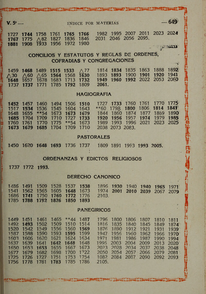 1727 1744 1758 1761 1765 1766 1767 1775 A82 1827 1836 1846 1881 1908 1933 1956 1972 1980 1982 1995 2007 2011 2023 2031 2046 2056 2095. 645 2024 'f- WSOM CONCILIOS Y ESTATUTOS Y REGLAS DE ORDENES, COFRADIAS Y CONGREGACIONES 3 1459 1468 1489 1515 1533 A?7 1814 1834 1835 1863 1888 1892 o < A60 A65 1564 1568 1630 1893 1893 1900 1901 1920 1941 1? 1648 1657 1678 1683 1713 1732 1949 1960 1992 2022 2053 206.0 K 1737 1737 1771 1785 1792 1809 2061. ü HAGIOGRAFIA 1 1452 1457 1460 1494 1506 1510 1727 1733 1760 1761 1770 1775 i 1517 1534 1536 1545 1604 1643 **60 1798 1800 1806 1814 1841* ¡i 1648 1655 **54 1673 1673 1679 1844 1860 1874 1877 1889 1890 » 1685 1704 1709 1710 1727 1733 1920 1956 1957 1974 1979 1985 □ 1760 1761 1770 1775 **54 1673 1989 1993 1996 2021 2023 2025 lf 1673 1679 1685 1704 1709 1710 2038 2073 2083. ! i PASTORALES 1450 1620 1648 1693 1736 1737 1809 1891 1993 1993 2005. ORDENANZAS Y EDICTOS RELIGIOSOS 1737 1772 1993. DERECHO CANONICO 1486 1491 1509 1528 1537 1538 1896 1930 1940 1940 1965 1971 1541 1562 1565 1605 1648 1673 1974 2001 2010 2039 2067 2079 1686 1741 1750 1760 1772 1776 2103. 1785 1788 1792 1826 1850 1893 PANEGIRICOS 1449 1451 1461 1465 **44 1487 1796 1800 1806 1807 1810 1811 1492 1493 1502 1509 1510 1514 1816 1835 1840 1845 1849 1874 1520 1542 1549 1556 1560 1569 1876 1890 1912 1921 1931 1939 1587 1588 1590 1593 1595 1599 1947 1956 1960 1962 1966 1970 1603 1606 1620 1621 1624 1634 1971 1981 1986 1987 1990 1994 1637 1639 1641 1642 1648 1648 1996 2003 2004 2009 2013 2020 1650 1653 1653 1655 1667 1673 2023 2028 2034 2037 2038 2048 1677 1679 1682 1698 1700 1722 2050 2054 2057 2066 2079 2081 1725 1726 1727 1751 1753 1754 1082 2084 2087 2090 2092 2093 1756 1778 1781 1783 1785 1786 2105.