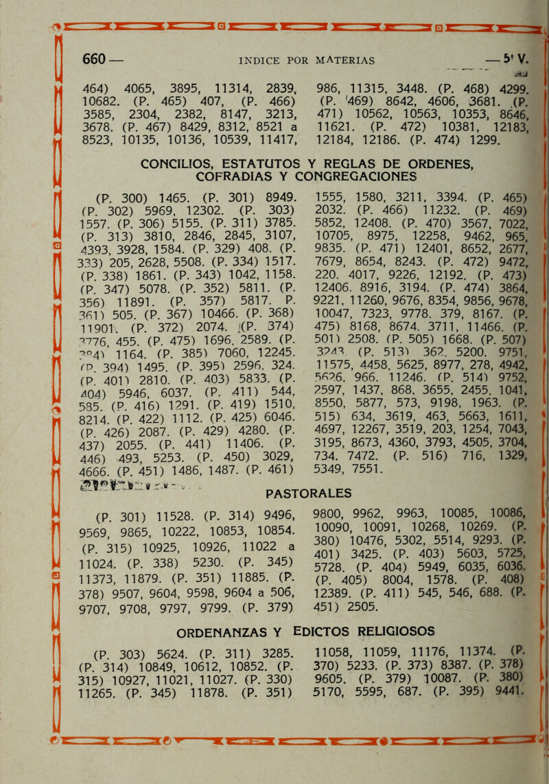 464) 4065, 3895, 11314, 2839, 10682. (P. 465) 407, (P. 466) 3585, 2304, 2382, 8147, 3213, 3678. (P. 467) 8429, 8312, 8521 a 8523, 10135, 10136, 10539, 11417, 986, 11315, 3448. (P. 468) 4299. (P. '469) 8642, 4606, 3681. (P. 471) 10562, 10563, 10353, 8646, 11621. (P. 472) 10381, 12183, 12184, 12186. (P. 474) 1299. CONCILIOS, ESTATUTOS Y REGLAS DE ORDENES, COFRADIAS Y CONGREGACIONES (P. 300) 1465. (P. 301) 8949. CP. 302) 5969, 12302. (P. 303) 1557. (P. 306) 5155. (P. 311) 3785. (P. 313) 3810, 2846, 2845, 3107, 4393, 3928, 1584. (P. 329) 408. (P. 333) 205, 2628, 5508. (P. 334) 1517. (P. 338) 1861. (P. 343) 1042, 1158. CP. 347) 5078. (P. 352) 5811. (P. 356) 11891. (P. 357) 5817. P. 361) 505. (P. 367) 10466. (P. 368) 1190T. (P. 372) 2074. /(P. 374) ■3776 455. (P. 475) 1696. 2589. (P. ?<M) 1164. (P. 385) 7060, 12245. (V>, 394) 1495. (P. 395) 2596. 324. (P. 40D 2810. (P. 403) 5833. (P. 404) 5946, 6037. (P. 411) 544, 585. (P. 416) 1291. (P. 419) 1510, 8214 (P 422) 1112. (P. 425) 6046. (P. 426) 2087. (P. 429) 4280. (P. 437) 2055. (P. 441) 11406. (P. 446) 493, 5253. (P. 450) 3029, 4666. (P. 451) 1486, 1487. (P. 461) 1555, 1580, 3211, 3394. (P. 465) 2032. (P. 466) 11232. (P. 469) 5852, 12408. (P. 470) 3567, 7022, 10705, 8975, 12258, 9462, 965, 9835. (P. 471) 12401, 8652, 2677, 7679, 8654, 8243. (P. 472) 9472, 220. 4017, 9226, 12192. (P. 473) 12406. 8916, 3194. (P. 474) 3864, 9221, 11260, 9676, 8354, 9856, 9678, 10047, 7323, 9778. 379, 8167. (P. 475) 8168, 8674, 3711, 11466. (P. 501) 2508. CP. 505) 1668. (P. 507) 3243. (P. 513) 362. 5200. 9751, 11575, 4458, 5625, 8977, 278, 4942, 5626. 966. 11246. CP. 514) 9752, 2597, 1437, 868, 3655, 2455, 1041, 8550, 5877, 573, 9198, 1963. (P. 515) 634, 3619, 463, 5663, 1611, « 4697, 12267, 3519, 203, 1254, 7043, 3195, 8673, 4360, 3793, 4505, 3704, 734. 7472. (P. 516) 716, 1329, 5349, 7551. PASTORALES (P. 301) 11528. (P. 314) 9496, 9569, 9865, 10222, 10853, 10854. (P. 315) 10925, 10926, 11022 a 11024. (P. 338) 5230. (P. 345) 11373, 11879. (P. 351) 11885. (P. 378) 9507, 9604, 9598, 9604 a 506, 9707, 9708, 9797, 9799. (P. 379) 9800, 9962, 9963, 10085, 10086, 10090, 10091, 10268, 10269. (P. 380) 10476, 5302, 5514, 9293. (P. 401) 3425. (P. 403) 5603, 5725, 5728. (P. 404) 5949, 6035, 6036. (P. 405) 8004, 1578. (P. 408) 12389. (P. 411) 545, 546, 688. (P. 451) 2505. ORDENANZAS Y EDICTOS RELIGIOSOS (P. 303) 5624. (P. 311) 3285. CP. 314) 10849, 10612, 10852. (P. 315) 10927, 11021, 11027. (P. 330) 11265. (P. 345) 11878. (P. 351) 11058, 11059, 11176, 11374. (P. 370) 5233. (P. 373) 8387. (P. 378) 9605. (P. 379) 10087. (P. 380) 5170, 5595, 687. (P. 395) 9441.