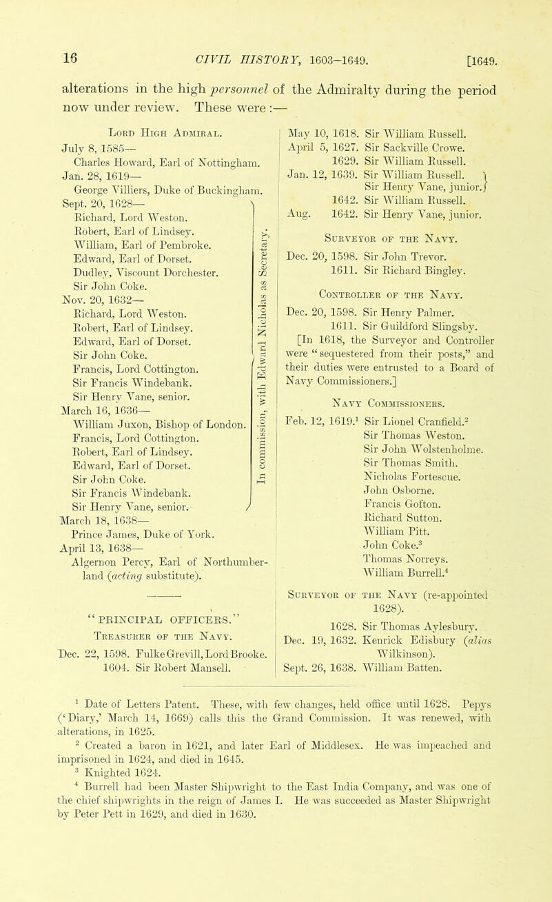 alterations in the high personnel of the Admiralty during the period now under review. These were :— Lord High Admiral. July 8, 1585— Charles Howard, Earl of Nottingham. Jan. 28, 1619— George Yilliers, Duke of Buckingham. Sept. 20, 1628— Richard, Lord Weston. Robert, Earl of Lindsey. William, Earl of Pembroke. Edward, Earl of Dorset. Dudley, Viscount Dorchester. Sir John Coke. Nov. 20, 1632— Richard, Lord Weston. Robert, Earl of Lindsey. Edward, Earl of Dorset. Sir John Coke. Francis, Lord Cottington. Sir Francis Windebank. Sir Henry Vane, senior. March 16, 1636- William Juxon, Bishop of London. Francis, Lord Cottington. Robert, Earl of Lindsey. Edward, Earl of Dorset. Sir John Coke. Sir Francis Windebank. Sir Henry Vane, senior. / March 18, 1638— Prince James, Duke of York. April 13, 1638— Algernon Percy, Earl of Northumber- land (acting substitute). May 10, 1618. Sir William Russell. April 5, 1627. Sir Sackville Crowe. 1629. Sir William Russell. Jan. 12, 1639. Sir William Russell. | Sir Henry Vane, junior./ 1642. Sir William Russell. Aug. 1642. Sir Henry Vane, junior. SURVEYOR OF THE NaVY. Dec. 20, 1598. Sir John Trevor. 1611. Sir Richard Bingley. Controller of the Navy. Dec. 20, 1598. Sir Henry Palmer. 1611. Sir Guildford Slingsby. [In 1618, the Surveyor and Controller were “ sequestered from their posts,” and their duties were entrusted to a Board of Navy Commissioners.] Navy Commissioners. Feb. 12, 1619.1 Sir Lionel Cranfield.2 Sir Thomas Weston. Sir John Wolstenholme. Sir Thomas Smith. Nicholas Fortescue. John Osborne. Francis Gofton. Richard Sutton. William Pitt. John Coke.3 Thomas Norreys. William Burrell.4 “PRINCIPAL OFFICERS.” Treasurer of the Navy. Dec. 22, 1598. Fulke Grevill, Lord Brooke. 1604. Sir Robert Mansell. Surveyor of the Navy (re-appointed 1628). 1628. Sir Thomas Aylesbury. Dec. 19, 1632. Kenrick Edisbury (alias Wilkinson). Sept. 26, 1638. William Batten. 1 Date of Letters Patent. These, with few changes, held office until 1628. Pepys (‘ Diary,’ March 14, 1669) calls this the Grand Commission. It was renewed, with alterations, in 1625. 2 Created a baron in 1621, and later Earl of Middlesex. He was impeached and imprisoned in 1624, and died in 1645. 3 Knighted 1624. 4 Burrell had been Master Shipwright to the East India Company, and was one of the chief shipwrights in the reign of James I. He was succeeded as Master Shipwright by Peter Pett in 1629, and died in 1630.