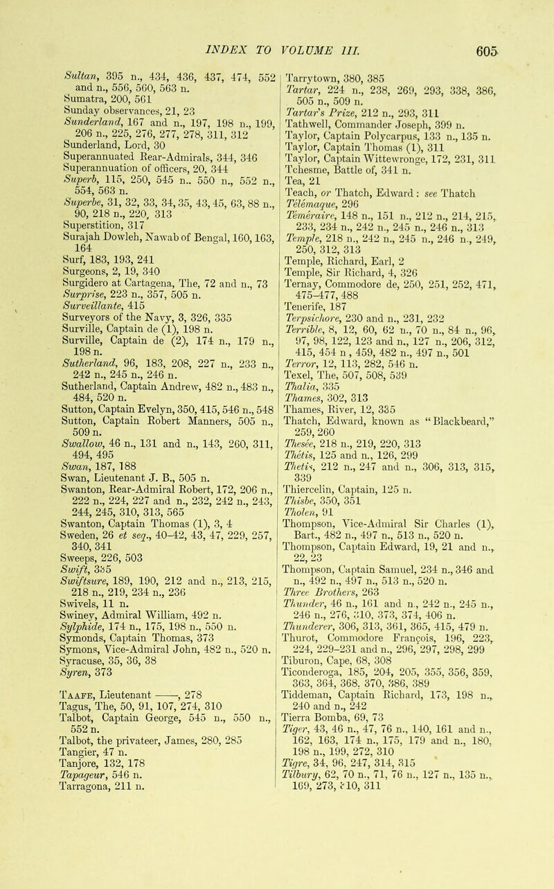 Sultan, 395 n., 434, 436, 437, 474, 552 and n., 556, 560, 563 n. Sumatra, 200, 561 Sunday observances, 21, 23 Sunderland, 167 and n., 197, 198 n., 199, 206 n., 225, 276, 277, 278, 311, 312 Sunderland, Lord, 30 Superannuated Eear-Admirals, 344, 346 Superannuation of officers, 20, 344 Superb, 115, 250, 545 n.. 550 n., 552 n., 554, 563 n. Superhe, 31, 32, 33, 34, 35, 43, 45, 63, 88 n., 90, 218 n., 220, 313 Superstition, 317 Surajah Dowleh, Nawab of Bengal, 160,163, 164 Surf, 183, 193, 241 Surgeons, 2, 19, 340 Surgidero at Cartagena, The, 72 and n., 73 Surprise, 223 n., 357, 505 n. Surveillante, 415 Surveyors of the Navy, 3, 326, 335 Surville, Captain de (1), 198 n. Surville, Captain de (2), 174 n., 179 n., 198 n. Sutherland, 96, 183, 208, 227 n., 233 n., 242 n., 245 n., 246 n. Sutherland, Captain Andrew, 482 n., 483 n., 484, 520 n. Sutton, Captain Evelyn, 350, 415, 546 n., 548 Sutton, Captain Eobert Manners, 505 n., 509 n. Swallow, 46 n., 131 and n., 143, 260, 311, 494, 495 Swan, 187, 188 Swan, Lieutenant J. B., 505 n. Swanton, Eear-Admiral Eobert, 172, 206 n., 222 n., 224, 227 and n., 232, 242 n., 243, 244, 245, 310, 313, 565 Swanton, Captain Thomas (1), 3, 4 Sweden, 26 et seg^., 40-42, 43, 47, 229, 257, 340, 341 Sweeps, 226, 503 Swift, 3b 5 Swiftsure, 189, 190, 212 and n., 213, 215, 218 n., 219, 234 n., 236 Swivels, 11 n. Swiney, Admiral William, 492 n. SylpMde, 174 n., 175, 198 n., 550 n. Symonds, Captain Thomas, 373 Symons, Vice-Admiral John, 482 n., 520 n. i Syracuse, 35, 36, 38 i Syren, 373 Taafe, Lieutenant , 278 Tagus, The, 50, 91, 107, 274, 310 Talbot, Captain George, 545 n., 550 n., 552 n. Talbot, the privateer, James, 280, 285 Tangier, 47 n. Tanjore, 132, 178 Tapageur, 546 n. Tarragona, 211 n. Tarrytown, 380, 385 Tartar, 224 n., 238, 269, 293, 338, 386, 505 n., 509 n. Tartar's Prize, 212 n., 293, 311 Tathwell, Commander Joseph, 399 n. Taylor, Captain Polycarpus, 133 n., 135 n. Taylor, Captain Thomas (1), 311 Taylor, Captain Wittewronge, 172, 231, 311 Tchesme, Battle of, 341 n. Tea, 21 Teach, or Thatch, Edward ; see Thatch Telemaque, 296 Temeraire, 148 n., 151 n., 212 n., 214, 215, 233, 234 n., 242 n., 245 n., 246 n., 313 Temple, 218 n., 242 n., 245 n., 246 n., 249, 250, 312, 313 Temple, Eichard, Earl, 2 Temple, Sir Eichard, 4, 326 Ternay, Commodore de, 250, 251, 252, 471, 475-477, 488 Tenerife, 187 Terpsicho7'e, 230 and n., 231, 232 Terrible, 8, 12, 60, 62 n., 70 n., 84 n., 96, 97, 98, 122, 123 and n., 127 n., 206, 312, 415, 454 n , 459, 482 n., 497 n., 501 Terror, 12, 113, 282, 546 n. Texel, The, 507, 508, 539 Thalia, 335 Thames, 302, 313 Thames, Elver, 12, 335 Thatch, Edward, known as “ Blackbeard,” 259, 260 Thesee, 218 n., 219, 220, 313 Thetis, 125 and n., 126, 299 Thetis 212 n., 247 and n., 306, 313, 315, 339 'I'hiercelin, Captain, 125 n. Thisbe, 350, 351 Tholen, 91 Thompson, Vice-Admiral Sir Charles (1), Bart., 482 n., 497 n., 513 n., 520 n. Thompson, Captain Edward, 19, 21 and n., 22, 23 Thompson, Captain Samuel, 234 n., 346 and n., 492 n., 497 n., 513 n., 520 n. Three Brothers, 263 Thunder, 46 n., 161 and n., 242 n., 245 n., 246 n., 276, 310, 373, 374, 406 n. Thunderer, 306, 313, 361, 365, 415, 479 n. Thurot, Comnrodore Franfois, 196, 223, 224, 229-231 and n., 296, 297, 298, 299 Tiburon, Cape, 68, 308 Ticonderoga, 185, 204, 205, 355, 356, 359, 363, 364, 368, 370, 386, 389 Tiddeman, Captain Eichard, 173, 198 n., 240 and n., 242 Tierra Bomba, 69, 73 Tiger, 43, 46 n., 47, 76 n., 140, 161 and n., 162, 163, 174 n., 175, 179 and n., 180, 198 n., 199, 272, 310 Tigre, 34, 96, 247, 314, 315 Tilbury, 62, 70 n., 71, 76 n., 127 n., 135 n., 169, 273, 310, 311