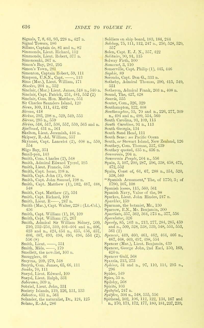 Signals, 7, 8, 61, 93, 228 n., 427 n. Signal Towers, 186 Sillans, Captain de, 81 and n., 82 Simmonds, Lieut. Richard, 112 Simmonds, Lieut. Robert, 377 n. Simonosaki, 367 n. Simon’s Bay, 281, 295 Simon’s Town, 281 Simonton, Captain Robert, 59, 111 Simpson, U.S.N., Capt. , 113 Sims (Mar.), Lieut. William, 171 Sincere, 204 n., 552 Sinclair, (Mar.) Lieut. James, 518 n., 540 n. Sinclair, Capt. Patrick, 251, 481, 552 (2) Sinclair, Com. Hon. Matthew, 551 Sir Charles Saunders Island, 120 Siren, 109, 111, 412, 492 Sirena, 418 Sirene, 293, 298 n., 529, 549, 553 Sirene, 295 n., 559 Sirius, 516, 517, 536, 557, 559, 565 and n. Sjaelland, 431 n., 561 Skelton, Lieut. Jeremiah, 446 n. Skipsey, R.-Ad. William, 557 Skynner, Capt. Lancelot (2), 408 n., 550, 554 Sligo Bay, 351 Small-pox, 143 Smith, Com. Charles (2), 548 Smith, Admiral Edward Tyrrel, 195 Smith, Lieut. Francis, 558 Smith, Capt. Isaac, 198 n. Smith, Capt. John (3), 408 n. Smith, Capt. John Samuel, 198 n. Smith, Capt. Matthew (1), 282, 487, 488, 548 Smith, Capt. Matthew (2), 534 Smith, Capt. Richard, 109 Smith, Lieut. R , 247 n. Smith (Mar.), Capt. Walter, 228 : (Lt.-Col.), 456 Smith, Capt. William (1), 16, 109 Smith, Capt. William (2), 267 Smith, Admiral Sir William Sidney, 209, 210, 252-254, 340, 401-404 and n., 406, 423 and n., 424, 454 n., 455, 456, 457, 486, 487, 493, 494, 495, 496, 554 (2), 556 (8) Smith, Lieut. , 551 Smith, Mids. , 179 Smollett, the novelist, 103 n. Smugglers, 46 Smyrna, 209, 279, 548 Smyth, Com. James, 65, 66, 111 Snake, 70, 111 Sneyd, Lieut. Edward, 109 Sneyd, Lieut. Ralph, 331 Soberano, 309 n. Sobriel, Lieut. John, 331 Society Islands, 119, 126, 131, 133 Sohesten, 431 n., 561 Solander, the naturalist, Dr., 124, 125 Solano, R.-Ad., 286 Soldiers on ship board, 183, 184, 244 Solebay, 75, 111, 112, 247 m, 250, 528, 529, SoleD, Capt. E. J. N., 357, 422 Solitaire, 90, 91, 115 Solway Firth, 100 Somerset, 3, 110 Somerville, Capt. Philip (1), 445, 446 Sophie, 89 Sorondo, Capt. Don G., 333 n. Sotheby, Admiral Thomas, 290, 415, 549, 551 Sotheron, Admiral Frank, 203 n., 408 n. Sound, The, 427, 428 Souris, 555 Souter, Com., 326, 329 Southampton, 122, 408 Southampton, 55, 70 and n., 226, 277, 309 n., 494 and n., 499, 554, 560 South Carolina, 91, 109, 113 South Carolina, 91 n., 113 South Georgia, 134 South Sand Head, 111 South Seas: see Pacific Ocean South, or Stewart Island, New Zealand, 126 Southey, Com. Thomas, 337, 439 Southey quoted, 435 n., 436 n. Souverain, 204 n. Souverain Peuple, 204 n., 556 Spain, 3, 107, 200, 287, 296, 338, 458, 471, 472, 552 Spain, Coast of, 64, 67, 288 n., 354, 520, 538, 540 “ Spanish Armament,” The, of 1770, 3 ; of 1790, 107, 108 Spanish losses, 115, 560, 561 Spanish Navy, Value of the, 98 Sparkes, Lieut. John Hindes, 247 n. Sparkler, 159 Sparman, the botanist, Mr., 130 Sparrow, R.N., Mr. Benjamin, 300 Spartiate, 357, 362, 364, 373 n., 377, 556 Speculator, 326 Speedy, 85, 203 n., 213, 277, 284, 285, 459 and n., 509, 528, 538, 539, 548, 551, 553, 561 (2) Spencer, 449, 460, 461, 462, 464, 466 n., 467,468, 469, 497, 498, 554 Spencer (Mar.), Lieut. Benjamin, 439 Spencer, George John, 2nd Earl, 150, 169, 420 n. Spencer Gulf, 568 Sptzzia, 213, 273 Sphinx, 31 and n., 97, 110, 114, 295 n., 296 Spider, 549 Spies, 55 n. Spilsby, 568 Spirits, 103 Spiteful, 247 n. Spitfire, 304 n., 548, 555, 556 Spithead, 102, 106, 112, 122, 134, 167 and n., 170, 171, 172, 177. 180, 181,237,239,