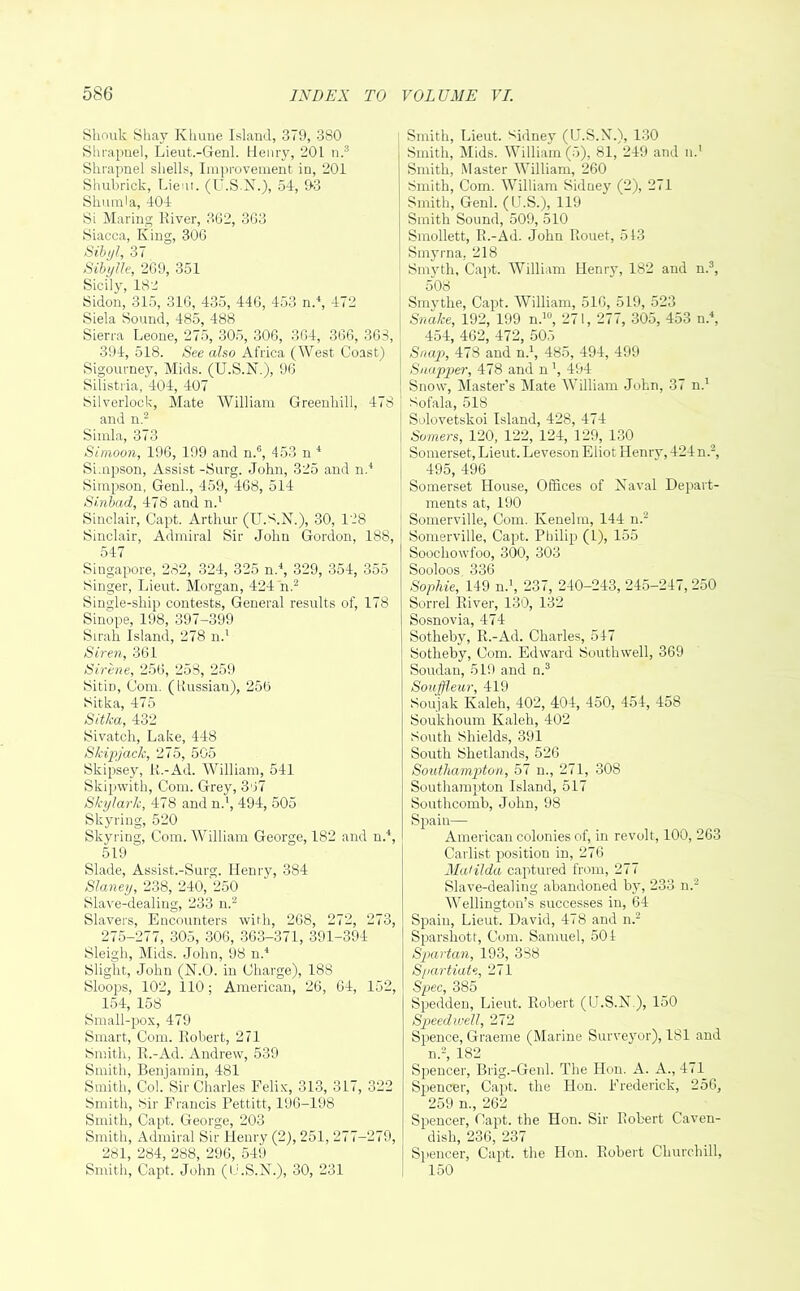 Shouk Shay Khuue Island, 379, 380 Shrapnel, Lieut.-Genl. Henry, 201 n.s Shrapnel shells, Improvement in, 201 Shubrick, Lieut. (U.S.N.), 54, 9-3 Skumla, 404 Si Maring River, 362, 363 Siaeca, King, 306 Sibyl, 37 Sibylle, 269, 351 Sicily, 182 Sidon, 315, 316, 435, 446, 453 n.4, 472 Siela Sound, 485, 488 Sierra Leone, 275, 305, 306, 364, 366, 36S, 394, 518. See also Africa (West Coast) Sigourney, Mids. (U.S.N.), 96 Silistria, 404, 407 Silverlock, Mate William Greenhill, 478 and n.2 Simla, 373 Simoon, 196, 199 and n.6, 453 n 4 Simpson, Assist -Surg. John, 325 and n.4 Simpson, Genl., 459, 468, 514 Sinbad, 478 and n.1 Sinclair, Capt. Arthur (U.S.N.), 30, 128 Sinclair, Admiral Sir John Gordon, 188, 547 Singapore, 282, 324, 325 n.4, 329, 354, 355 Singer, Lieut. Morgan, 424 n.2 Single-ship contests, General results of, 178 Sinope, 198, 397-399 Strait Island, 278 n.1 Siren, 361 SIrene, 256, 258, 259 SitiD, Com. (Russian), 256 Sitka, 475 Sitka, 432 Sivatch, Lake, 448 Skipjack, 275, 505 Skipsey, R.-Ad. William, 541 Skipwith, Com. Grey, 347 Skylark, 478 andn.1, 494, 505 Skyring, 520 Skyring, Com. William George, 182 and n.4, 519 Slade, Assist.-Surg. Henry, 384 Slaney, 238, 240, 250 Slave-dealing, 233 n.2 Slavers, Encounters with, 268, 272, 273, 275-277, 305, 306, 363-371, 391-394 Sleigh, Mids. John, 98 n.4 Slight, John (N.O. in Charge), 188 Sloops, 102, 110; American, 26, 64, 152, 154, 158 Small-pox, 479 Smart, Com. Robert, 271 Smith, R.-Ad. Andrew, 539 Smith, Benjamin, 481 Smith, Col. Sir Charles Felix, 313, 317, 322 Smith, Sir Francis Pettitt, 196-198 Smith, Capt. George, 203 Smith, Admiral Sir Henry (2), 251, 277-279, 281, 284, 288, 296, 549 Smith, Capt. John (U.S.N.), 30, 231 Smith, Lieut. Sidney (U.S.X.), 130 Smith, Mids. William (5), 81, 249 and n.' Smith, Master William, 260 Smith, Com. William Sidney (2), 271 Smith, Genl. ((J.S.), 119 Smith Sound, 509, 510 Smollett, R.-Ad. John Rouet, 513 Smyrna, 218 Smyth, Capt. William Henry, 182 and n.3, 508 Smythe, Capt. William, 516, 519, 523 Snake, 192, 199 n.10, 271, 277, 305, 453 n.\ 454, 462, 472, 505 Snap, 478 and n.1, 485, 494, 499 Snapper, 478 and n ’, 494 Snow, Master’s Mate William John, 37 n.1 Sofala, 518 Solovetskoi Island, 428, 474 Somers, 120, 122, 124, 129, 130 Somerset, Lieut. Leveson Eliot Henry, 424n.2, 495, 496 Somerset House, Offices of Naval Depart- ments at, 190 Somerville, Com. Kenelm, 144 n.2 Somerville, Capt. Philip (1), 155 Soochowfoo, 300, 303 Sooloos 336 Sophie, 149 n.’, 237, 240-243, 245-247, 250 Sorrel River, 130, 132 Sosnovia, 474 Sotheby, R.-Ad. Charles, 547 Sotheby, Com. Edward Southwell, 369 Soudan, 519 and n.3 Souffleur, 419 Soujak Kaleh, 402, 404, 450, 454, 458 Soukhoum Kaleh, 402 South Shields, 391 South Shetlands, 526 Southampton, 57 n., 271, 308 Southampton Island, 517 Southcomb, John, 98 Spain— American colonies of, in revolt, 100, 263 Carlist position in, 276 Matilda captured from, 277 Slave-dealing abandoned by, 233 n.2 Wellington’s successes in, 64 Spain, Lieut. David, 478 and n.2 Sparshott, Com. Samuel, 504 Spartan, 193, 388 Spartiate, 271 Spec, 385 Spedden, Lieut. Robert (U.S.N.), 150 Speedwell, 272 Spence, Graeme (Marine Surveyor), 181 and n.2, 182 Spencer, Brig.-Genl. The Hon. A. A., 471 Silencer, Capt. the Hon. Frederick, 256, 259 n., 262 Spencer, Capt. the Hon. Sir Robert Caven- dish, 236, 237 Spencer, Capt. the Hon. Robert Churchill, 150