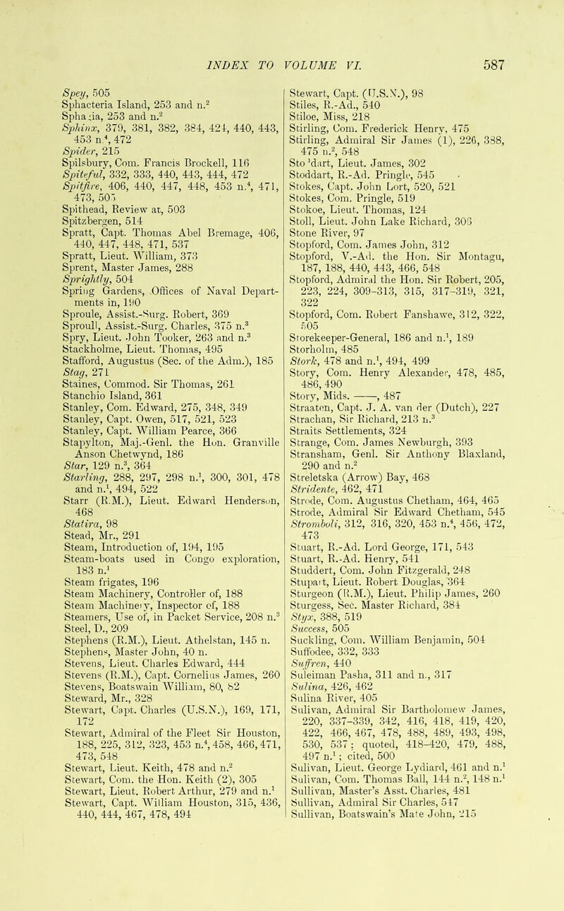 Spey, 505 Sphacteria Island, 253 and n.2 Spha;ia, 253 and n.2 Sphinx, 379, 381, 382, 384, 421, 440, 443, 453 n.4, 472 Spider, 215 Spilsbury, Com. Francis Brockell, 116 Spiteful, 332, 333, 440, 443, 444, 472 Spitfire, 406, 440, 447, 448, 453 n.4, 471, 473, 505 Spithead, Review at, 503 Spitzbergen, 514 Spratt, Capt. Thomas Abel Bremage, 406, 440, 447, 448, 471, 537 Spratt, Lieut. William, 373 Sprent, Master James, 288 Sprightly, 504 Spring Gardens, Offices of Naval Depart- ments in, 190 Sproule, Assist.-Surg. Robert, 369 Sproull, Assist.-Surg. Charles, 375 n.3 Spry, Lieut. .John Tooker, 263 and n.3 Stackholme, Lieut. Thomas, 495 Stafford, Augustus (Sec. of the Adm.), 185 Stag, 271 Staines, Commod. Sir Thomas, 261 Stanchio Island, 361 Stanley, Com. Edward, 275, 348, 349 Stanley, Capt. Owen, 517, 521, 523 Stanley, Capt. William Pearce, 366 Stapylton, Maj.-Genl. the Hun. Granville Anson Chetwynd, 186 Star, 129 n.3, 364 Starling, 288, 297, 298 n.\ 300, 301, 478 and n.1, 494, 522 Starr (R.M.), Lieut. Edward Henderson, 468 Statira, 98 Stead, Mr., 291 Steam, Introduction of, 194, 195 Steam-boats used in Congo exploration, 183 n.1 Steam frigates, 196 Steam Machinery, Controller of, 188 Steam Machine'y, Inspector of, 188 Steamers, Use of, in Packet Service, 208 n.3 Steel, D., 209 Stephens (R.M.), Lieut. Athelstan, 145 n. Stephens, Master John, 40 n. Stevens, Lieut. Charles Edward, 444 Stevens (R.M.), Capt. Cornelius James, 260 Stevens, Boatswain William, 80, 82 Steward, Mr., 328 Stewart, Capt. Charles (U.S.N.), 169, 171, 172 Stewart, Admiral of the Fleet Sir Houston, 188, 225, 312, 323, 453 n.4,458, 466,471, 473, 548 Stewart, Lieut. Keith, 478 and n.2 Stewart, Com. the Hon. Keith (2), 305 Stewart, Lieut. Robert Arthur, 279 and n.1 Stewart, Capt. William Houston, 315, 436, 440, 444, 467, 478, 494 Stewart, Capt. (U.S.N.), 98 Stiles, R.-Ad., 540 Stiloe, Miss, 218 Stirling, Com. Frederick Henry, 475 Stirling, Admiral Sir James (1), 226, 388, 475 n.2, 548 Sto ’dart, Lieut. James, 302 Stoddart, R.-Ad. Pringle, 545 Stokes, Capt. John Lort, 520, 521 Stokes, Com. Pringle, 519 Stokoe, Lieut. Thomas, 124 Stoll, Lieut. John Lake Richard, 306 Stone River, 97 Stopford, Com. James John, 312 Stopford, V.-Ad. the Hon. Sir Montagu, 187, 188, 440, 443, 466, 548 Stopford, Admiral the Hon. Sir Robert, 205, 223, 224, 309-313, 315, 317-319, 321, 322 Stopford, Com. Robert Fanshawe, 312, 322, 505 Storekeeper-General, 186 and n.’, 189 Storholm, 485 Stork, 478 and n.1, 494, 499 Story, Com. Henry Alexander, 478, 485, 486, 490 Story, Mids. , 487 Straaten, Capt. J. A. van der (Dutch), 227 Strachan, Sir Richard, 213 n.3 Straits Settlements, 324 Strange, Com. James Newburgh, 393 Stransham, Genl. Sir Anthony Blaxland, 290 and n.2 Streletska (Arrow) Bay, 468 Stridente, 462, 471 Strode, Com. Augustus Clietham, 464, 465 Strode, Admiral Sir Edward Chetham, 545 Stronibuli, 312, 316, 320, 453 n.4, 456, 472, 473 Stuart, R.-Ad. Lord George, 171, 543 Stuart, R.-Ad. Henry, 541 Studdert, Com. John Fitzgerald, 248 Stupart, Lieut. Robert Douglas, '364 Sturgeon (R.M.), Lieut. Philip James, 260 Sturgess, Sec. Master Richard, 384 Styx, 388, 519 Success, 505 Suckling, Com. William Benjamin, 504 Suffodee, 332, 333 Suffren, 440 Suleiman Pasha, 311 and n., 317 Sulina, 426, 462 Sulina River, 405 Sulivan, Admiral Sir Bartholomew James, 220, 337-339, 342, 416, 418, 419, 420, 422, 466, 467, 478, 488, 489, 493, 498, 530, 537: quoted, 418-420, 479, 488, 497 n.1; cited, 500 Sulivan, Lieut. George Lydiard, 461 and n.1 Sulivan, Com. Thomas Ball, 144 n.2,148 n.1 Sullivan, Master’s Asst. Charles, 481 Sullivan, Admiral Sir Charles, 547 Sullivan, Boatswain’s Mate John, 215