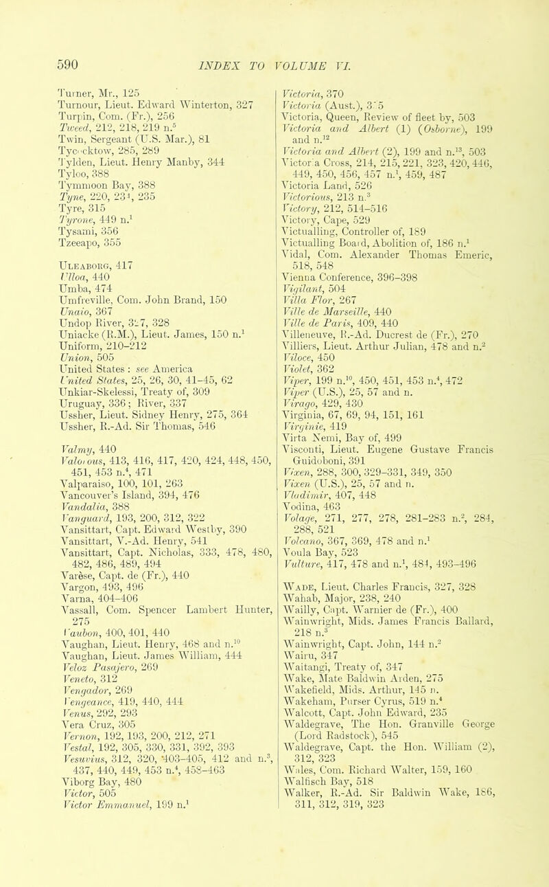 Turner, Mr., 125 Tumour, Lieut. Edward Winterton, 327 Turpin, Com. (Fr.), 256 Tweed, 212, 218, 219 n.5 Twin, Sergeant (U.S. Mar.), 81 Tyccktow, 285, 289 'J'ylden, Lieut. Henry Manby, 344 Tyloo, 388 Tymmoon Bay, 388 Tyne, 220, 23J, 235 Tyre, 315 Tyrone, 449 n.1 Tysami, 356 Tzeeapo, 355 Uleabokg, 417 Vlloa, 440 Umba, 474 Umfreville, Com. John Brand, 150 Unaio, 367 Undop River, 3!_7, 328 Uniacke (R.M.), Lieut. James, 150 n.1 Uniform, 210-212 Union, 505 United States : see America United States, 25, 26, 30, 41-45, 62 ITnkiar-Skelessi, Treaty of, 309 Uruguay, 336 ; River, 337 Ussber, Lieut. Sidney Henry, 275, 364 Ussher, R.-Ad. Sir Thomas, 546 Valmy, 440 Valoious, 413, 416, 417, 420, 424, 448, 450, 451, 453 n.\ 471 Valparaiso, 100, 101, 263 Vancouver’s Island, 394, 476 Vandalia, 388 Vanguard, 193, 200, 312, 322 Vansittart, Capt. Edward Westby, 390 Vansittart, V.-Ad. Henry, 541 Vansittart, Capt. Nicholas, 333, 478, 480, 482, 486, 489, 494 Varese, Capt. de (Fr.), 440 Vargon, 493, 496 Varna, 404-406 Vassall, Com. Spencer Lambert Hunter, 275 I aubon, 400, 401, 440 Vaughan, Lieut. Henry, 468 and n.10 Vaughan, Lieut. James William, 444 Veloz Pasajero, 269 Veneto, 312 Vengador, 269 Vengeance, 419, 440, 444 Venus, 292, 293 Vera Cruz, 305 Vernon, 192,193, 200, 212, 271 Vestal, 192, 305, 330, 331, 392, 393 Vesuvius, 312, 320, *403-405, 412 and n.3, 437, 440, 449, 453 n.4, 458-463 Viborg Bay, 480 Victor, 505 Victor Emmanuel, 199 n.1 Victoria, 370 Victoria (Aust.), 3'5 Victoria, Queen, Review of fleet by, 503 Victoria and Albert (1) (Osborne), 199 and n.12 Victoria and Albert (2), 199 and n.13, 503 Victoria Cross, 214, 215,221, 323, 420,446, 449, 450, 456, 457 n.1, 459, 487 Victoria Land, 526 Victorious, 213 n.3 Victory, 212, 514-516 Victory, Cape, 529 Victualling, Controller of, 189 Victualling Boaid, Abolition of, 186 n.1 Vidal, Com. Alexander Thomas Emeric, 518, 548 Vienna Conference, 396-398 Vigilant, 504 Villa Flor, 267 Ville de Marseille, 440 Ville de Paris, 409, 440 Villeneuve, R.-Ad. Ducrest de (Fr.), 270 Villiers, Lieut. Arthur Julian, 478 and n.2 Viloce, 450 Violet, 362 Viper, 199 n.10, 450, 451, 453 n.4, 472 Viper (U.S.), 25, 57 and n. Virago, 429, 430 Virginia, 67, 69, 94, 151, 161 Virginie, 419 Virta Nemi, Bay of, 499 Visconti, Lieut. Eugene Gustave Francis Guidoboni, 391 Vixen, 288, 300, 329-331, 349, 350 Vixen (U.S.), 25, 57 and n. Vladimir, 407, 448 Vodina, 463 Volage, 271, 277, 278, 281-283 n.2, 284, 288, 521 Volcano, 367, 369, 478 and n.1 Voula Bay, 523 Vulture, 417, 478 and n.1, 484, 493-496 Wade, Lieut. Charles Francis, 327, 328 Wahab, Major, 238, 240 AVailly, Capt. Warmer de (Fr.), 400 Wainwright, Mids. James Francis Ballard, 218 n.3 Wainwright, Capt. Jolm, 144 n.2 Wairu, 347 Waitangi, Treaty of, 347 Wake, Mate Baldwin Arden, 275 Wakefield, Mids. Arthur, 145 n. Wakeham, Purser Cyrus, 519 n.4 Walcott, Capt. John Edward, 235 Waldegrave, The Hon. Granville George (Lord Radstock), 545 Waldegrave, Capt. the Hon. William (2), 312, 323 Wales, Com. Richard Walter, 159, 160 Walfisch Bay, 518 Walker, R.-Ad. Sir Baldwin Wake, 1S6, 311, 312, 319, 323