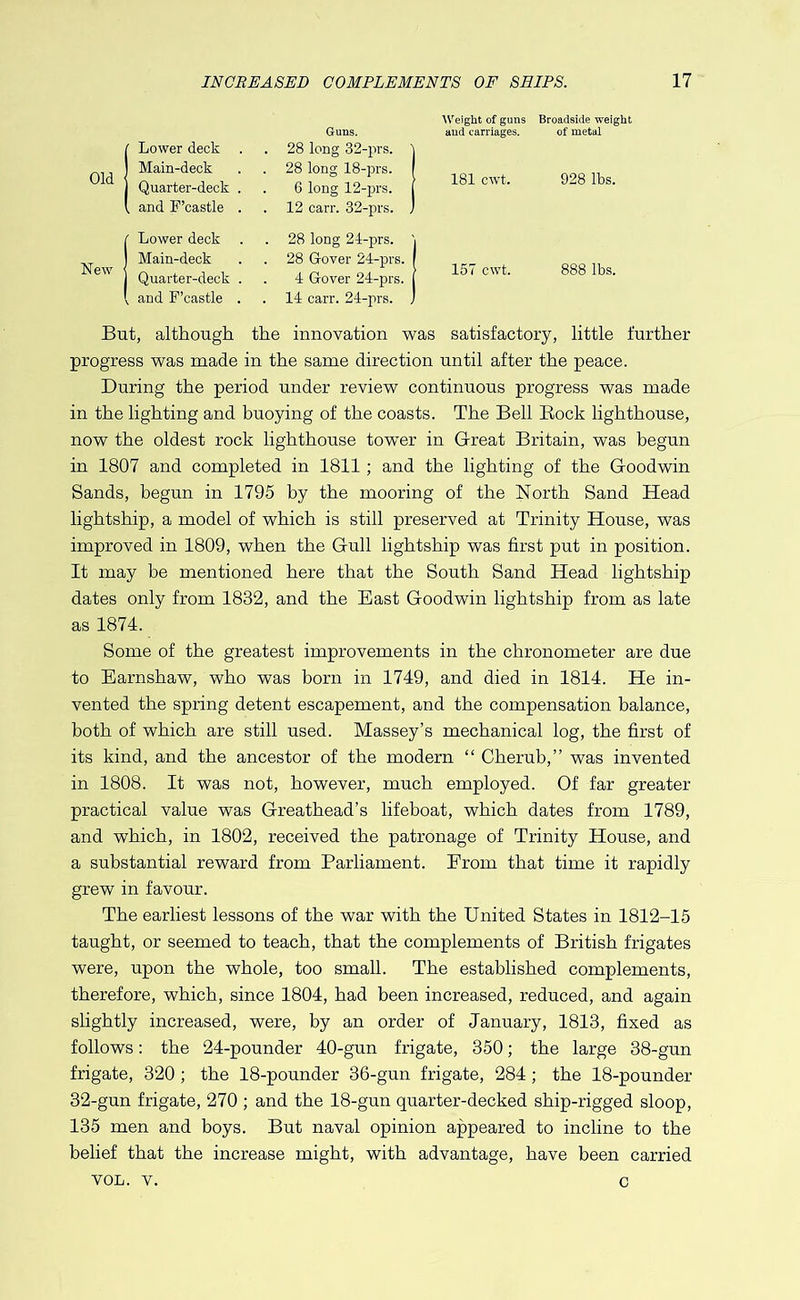 Guns. AVeight of guns and carriages. Broadside weight of metal Lower deck . 28 long 32-prs. Main-deck Quarter-deck . 28 long 18-prs. 6 long 12-prs. 181 cwt. 928 lbs. and F’castle . 12 carr. 32-prs. . Lower deck . 28 long 21-prs. Main-deck Quarter-deck . 28 Gover 24-prs. 4 Gover 24-prs. 157 cwt. 888 lbs. and F’castle . 14 carr. 24-prs. . But, although the innovation was satisfactory, little further progress was made in the same direction until after the peace. During the period under review continuous progress was made in the lighting and buoying of the coasts. The Bell Bock lighthouse, now the oldest rock lighthouse tower in Great Britain, was begun in 1807 and completed in 1811; and the lighting of the Goodwin Sands, begun in 1795 by the mooring of the North Sand Head lightship, a model of which is still preserved at Trinity House, was improved in 1809, when the Gull lightship was first put in position. It may be mentioned here that the South Sand Head lightship dates only from 1832, and the East Goodwin lightship from as late as 1874. Some of the greatest improvements in the chronometer are due to Earnshaw, who was born in 1749, and died in 1814. He in- vented the spring detent escapement, and the compensation balance, both of which are still used. Massey’s mechanical log, the first of its kind, and the ancestor of the modern “ Cherub,” was invented in 1808. It was not, however, much employed. Of far greater practical value was Greathead’s lifeboat, which dates from 1789, and which, in 1802, received the patronage of Trinity House, and a substantial reward from Parliament. Erom that time it rapidly grew in favour. The earliest lessons of the war with the United States in 1812-15 taught, or seemed to teach, that the complements of British frigates were, upon the whole, too small. The established complements, therefore, which, since 1804, had been increased, reduced, and again slightly increased, were, by an order of January, 1813, fixed as follows: the 24-pounder 40-gun frigate, 350; the large 38-gun frigate, 320 ; the 18-pounder 36-gun frigate, 284; the 18-pounder 32-gun frigate, 270 ; and the 18-gun quarter-decked ship-rigged sloop, 135 men and boys. But naval opinion appeared to incline to the belief that the increase might, with advantage, have been carried VOL. V. 0