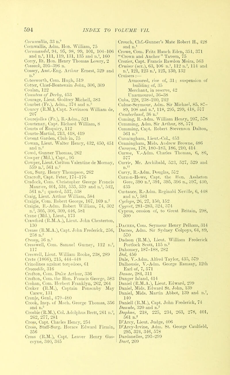 Cornwallis, 33 n.° Cornwallis, Adm. Hon. William, 75 Coromandel, 94, 95, 98, 99, 101, 104-106 and n.1, Ill, 119, 131, 135 and n.1, 160 Corry, Rt. Hon. Henry Thomas Lowry, 2 Cossack, 395-396 n. Cossey, Asst.-Eng. Arthur Ernest, 529 and n.9 Cotesworth, Com. Hugh, 519 Cotter, Chief-Boatswain John, 306, 309 Coulan, 122 Countess of Derby, 453 Courage, Lieut. Godfrey Michell, 383 Courbet (Fr.), Adm., 374 and n.5 Courcy (R.M.), Capt. Nevinson William de, 207 Courejollts (Fr.), R.-Adm., 521 Courtenay, Capt. Richard William, 8 Courts of Enquiry, 112 Courts-Martial, 213, 418, 419 Covent Garden, Club in, 75 Cowan, Lieut, Walter Henry, 432, 450, 451 and n.2 Cowd, Gunner Thomas, 262 Gowper (Mil.), Capi., 95 Cowper, Lieut, Carlton Valentine de Mornay, 559 n.1, 561 n.2 Cox, Surg. Henry Thompson, 262 Cracroft, Capt. Peter, 174-176 Cradock, Com. Christopher George Francis Maurice, 401, 534, 535, 539 and n.1, 542, 561 n.2; quoted, 537, 538 Craig, Lieut. Arthur William, 584 Craigie, Com. Robert George, 167, 169 n.2 Craigie, R.-Adm. Robert William, 74, 302 n>, 305, 306, 309, 446, 581 Crane (Mil.), Lieut., 173 Crawford (R.M.A.), Lieut. John Chesterton, 130 Crease (R.M.A.), Capt. John Frederick, 256, 258 n.2 Cressy, 36 n.1 Cresswell, Com. Samuel Gurnev, 112 n.3, 117 Creswell, Lieut. William Rooke, 238, 289 Crete (1866), 215, 444-448 Crinolines against torpedoes, 61 Crocodile, 316 Crofton, Com. Duke Arthur, 336 Crofton, Com. the Hon. Francis George, 583 Crohan, Com. Herbert Franklyn, 262, 264 Croker (R.M.), Captain 1’onsonby May Carew, 131 Cronje, Genl., 479-480 Crook, Insp. of Mach. George Thomas, 356 and n.5 Crosbie (R.M.), Col. Adolphus Brett, 261 n.3, 262, 277, 281 Cross, Capt. Charles Henry, 254 Cross, Staff-Surg. Horace Edward Firmin, 356 Cross (R.M.), Capt. Leaver Henry Gas- coyne, 340, 345 Crouch, Chf.-Gunner’S Mate Robert H., 428 and n.1 Crowe, Com. Fritz Hauch Eden, 351, 371 “Crown and Anchor” Tavern, 75 Crozier, Cap>t. Francis Rawdon Moira, 563 Cruiser (scr.), 63, 106 n.1, 112 n.3, 114 and n.1, 121, 123 n.1, 125, 130, 132 Cruisers:— Armoured, rise of, 31; suspension of building of, 35 Merchant, in reserve, 42 Unarmoured, 36-38 Cuba, 228, 238-240, 242 Culme-Seymour, Adm. Sir Michael, 85, 87- 89, 108 and n.4, 118, 295, 299, 418, 577 Cumberland, 36 n.2 Cuming, R.-Adm. William Henry, 207, 578 Cumming, Adm. Sir Arthur, 88, 574 Cumming, Capt. Robert Stevenson Dalton, 561 n.2 Cunningham, Lieut.-Col., 453 Cunningham, Mids. Andrew Browne, 486 Curagoa, 178,180-183, 186, 210, 414 Curme, V.-Adm. Charles Thomas, 6, 86, 577 Currie, Mr. Archibald, 523, 527, 529 and n.13 Curry, R.-Adm. Douglas, 572 Curzon-Howe, Capt-. the Hon. Assheton Gore, 390 n.4, 391, 395, 396 n., 397, 430, 435 Custanee, R.-Adm. Reginald Neville, 6, 448 and n.1, 581 Cyclops, 26, 27, 150, 152 Cyynet, 281-283, 324, 374 Cyprus, cession of, to Great Britain, 298, 300 . Dackes, Com. Seymour Henry Pelham, 314 Dacres, Adm. Sir Sydney Colpoys, 64, 89, 570 Dadson (R.M.), Lieut. William Frederick Portlock Scott, 115 n.2 Dahomey, 187-188, 282 Dal, 450 Dale, V.-Adm. Alfred Taylor, 435, 579 Dalhousie, V.-Adm. George Ramsay, 12th Earl of, 7, 571 Danae, 284, 311 Danger Island, 414 Daniel (R.M.A.), Lieut. Edward, 299 Daniel, Mids. Edward St. John, 139 Daniel, Mids. Martin Abbot, 139 and n.7, 140 Daniell (R.M.), Capt. John Frederick, 74 Danube, 320 and n.2 Daphne, 218, 225, 234, 263, 278, 401, 561 n.2 D'Arcy, Lieut. Judge, 406 D’Arcy-Irvine, Adm. St. George Caulfield, 295, 324, 346, 578 Dardanelles, 293-299 Dart, 209