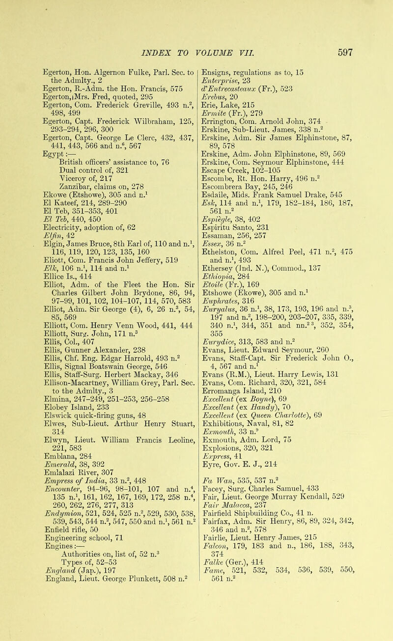 Egerton, Hon. Algernon Fulke, Pari. Sec. to the Admlty., 2 Egerton, R.-Adm. the Hon. Francis, 575 Egerton,iMrs. Fred, quoted, 295 Egerton, Com. Frederick Greville, 493 n.2, 498, 499 Egerton, Capt. Frederick Wilbraham, 125, 293-294, 296, 300 Egerton, Capt. George Le Clerc, 432, 437, 441, 443, 566 and n.6, 567 Egypt:— British officers’ assistance to, 76 Dual control of, 321 Viceroy of, 217 Zanzibar, claims on, 278 Ekowe (Etshowe), 305 and n.1 El Kateef, 214, 289-290 El Teb, 351-353, 401 El Teb, 440, 450 Electricity, adoption of, 62 Elfin, 42 Elgin, James Bruce, 8th Earl of, 110 and n.1, 116, 119, 120, 123, 135, 160 Eliott, Com. Francis John Jeffery, 519 Elk, 106 n.1, 114 and n.1 Ellice Is., 414 Elliot, Adm. of the Fleet the Hon. Sir Charles Gilbert John Brydone, 86, 94, 97-99, 101, 102, 104-107, 114, 570, 583 Elliot, Adm. Sir George (4), 6, 26 n.3, 54, 85, 569 Elliott, Com. Henry Venn Wood, 441, 444 Elliott, Surg. John, 171 n.3 Ellis, Col., 407 Ellis, Gunner Alexander, 238 Ellis, Chf. Eng. Edgar Harrold, 493 n.2 Ellis, Signal Boatswain George, 546 Ellis, Staff-Surg. Herbert Mackay, 346 Ellison-Macartney, William Grey, Pari. Sec. to the Admlty., 3 Elmina, 247-249, 251-253, 256-258 Elobey Island, 233 Elswick quick-firing guns, 48 Elwes, Sub-Lieut. Arthur Henry Stuart, 314 Elwyn, Lieut. William Francis Leoline, 221, 583 Emblana, 284 Emerald, 38, 392 Emlalazi River, 307 Empress of India, 33 n.2, 448 Encounter, 94-96, 98-101, 107 and n.4, 135 n.1, 161, 162, 167, 169, 172, 258 n.4, 260, 262, 276, 277, 313 Endymion, 521, 524, 525 n.2, 529, 530, 538, 539, 543, 544 n.2, 547, 550 and n.1, 561 n.2 Enfield rifle, 50 Engineering school, 71 Engines:— Authorities on, list of, 52 n.3 Types of, 52-53 England (Jap.), 197 England, Lieut. George Plunkett, 508 n.2 Ensigns, regulations as to, 15 Enterprise, 23 d'Entrecasteaux (Fr.), 523 Erebus, 20 Erie, Lake, 215 Ermite (Fr.), 279 Errington, Com. Arnold John, 374 Erskine, Sub-Lieut. James, 338 n.2 Erskine, Adm. Sir James Elphinstone, 87, 89, 578 Erskine, Adm. John Elphinstone, 89, 569 Erskine, Com. Seymour Elphinstone, 444 Escape Creek, 102-105 Escombe, Rt. Hon. Harry, 496 n.2 Escombrera Bay, 245, 246 Esdaile, Mids. Frank Samuel Drake, 545 Esk, 114 and n.1, 179, 182-184, 186, 187, 561 n.2 Espiegle, 38, 402 Espiritu Santo, 231 Essaman, 256, 257 Essex, 36 n.2 Ethelston, Com. Alfred Peel, 471 n.2, 475 and n.1, 493 Ethersey (Ind. N.), Commod., 137 Ethiopia, 284 Etoile (Fr.), 169 Etshowe (Ekowe), 305 and n.1 Euphrates, 316 Euryalus, 36 n.1, 38, 173, 193,196 and n.3, 197 and n.2, 198-200, 203-207, 335, 339, 340 n.1, 344, 351 and nn.23, 352, 354, 355 Eurydice, 313, 583 and n.2 Evans, Lieut. Edward Seymour, 260 Evans, Staff-Capt. Sir Frederick John O., 4, 567 and n.1 Evans (R.M.), Lieut. Harry Lewis, 131 Evans, Com. Richard, 320, 321, 584 Erromanga Island, 210 Excellent (ex Boyne), 69 Excellent (ex Handy), 70 Excellent (ex Queen Charlotte), 69 Exhibitions, Naval, 81, 82 Exmouth, 33 n.9 Exmouth, Adm. Lord, 75 Explosions, 320, 321 Express, 41 Eyre, Gov. E. J., 214 Fa Wan, 535, 537 n.2 Facey, Surg. Charles Samuel, 433 Fair, Lieut. George Murray Kendall, 529 Fair Malacca, 22>1 Fairfield Shipbuilding Co., 41 n. Fairfax, Adm. Sir Henry, 86, 89, 324, 342, 346 and n.2, 578 Fairlie, Lieut. Henry James, 215 Falcon, 179, 183 and n., 186, 188, 343, 374 Falke (Ger.), 414 Fame, 521, 532, 534, 536, 539, 550, 561 n.2