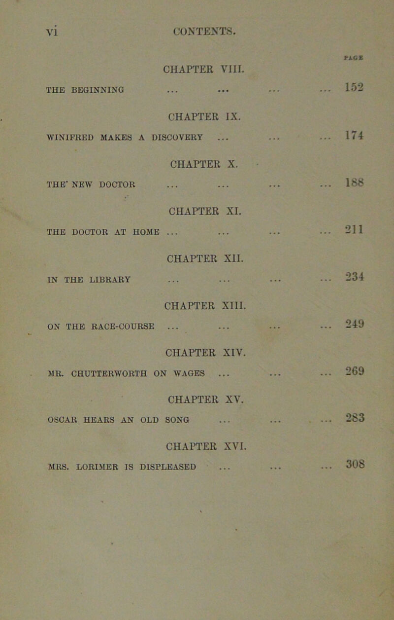 V] CONTENTS CHAPTER VIII. THE BEGINNING CHAPTER IX. WINIFRED MAKES A DISCOVERY CHAPTER X. THE-NEW DOCTOR CHAPTER XI. THE DOCTOR AT HOME ... CHAPTER XII. IN THE LIBRARY CHAPTER XIII. ON THE RACE-COURSE ... CHAPTER XIV. MR. CHUTTERWORTH ON WAGES ... CHAPTER XV. OSCAR HEARS AN OLD SONG rxGK ... 152 ... 174 ... 188 ... 211 ... 234 ... 249 ... 269 ... 283 CHAPTER XVI. MRS. LORI ME R IS DISPLEASED 308