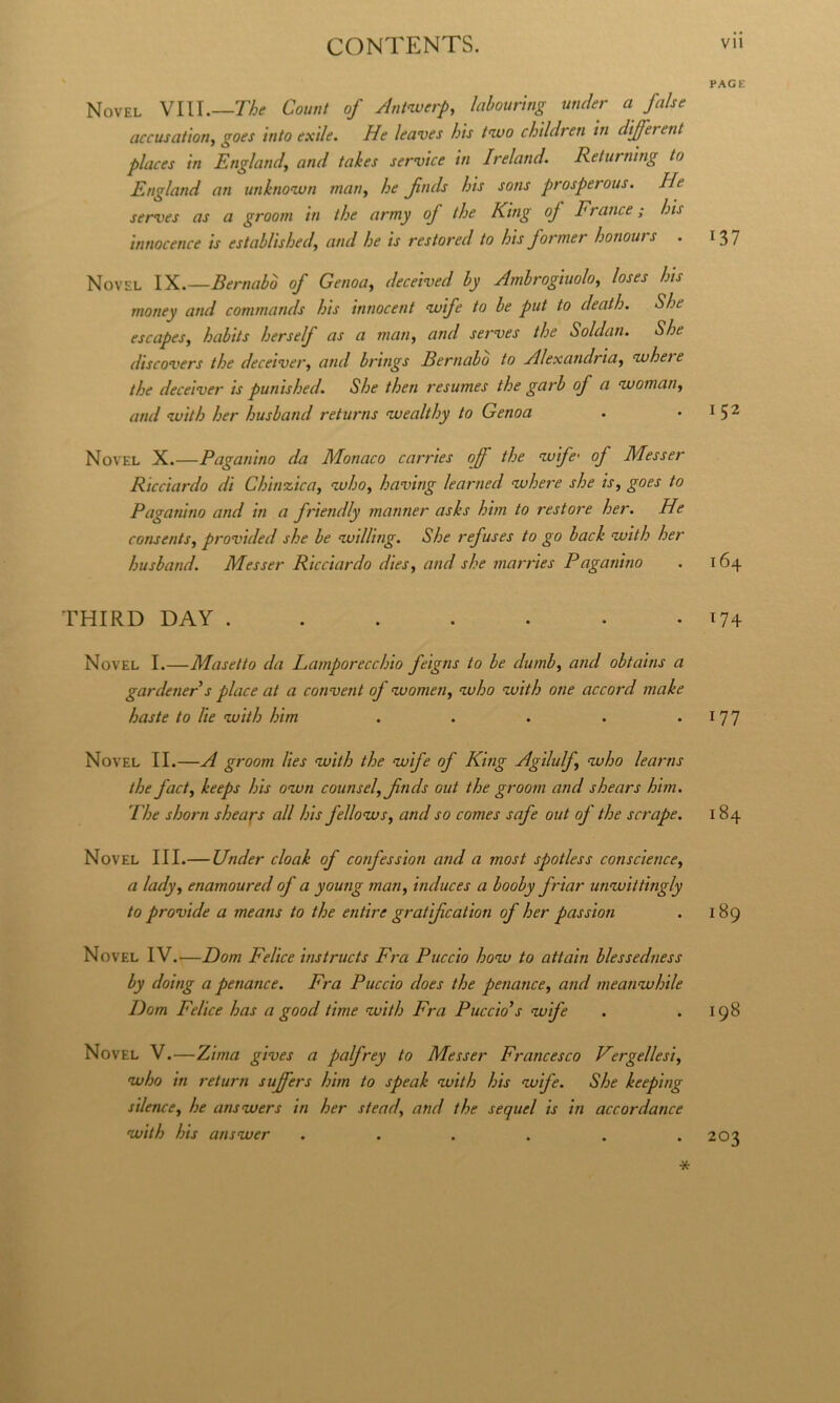 Novel Vili.—Count of ylntnverp, lalourìng under a false accusatìon, goes iato exde. He leaves bis t'ivo chUdren in dtjferent places in England^ and takes servtce in Ireland. Returnìng to England an unknown man^ he fnds bis sons prosperous. He serves as a groom in thè army of thè King of France ; bis innocence is establisbed, and he is restored to bis former honours . Novel IX.—Bernabò of Genoa^ deceived by Ambrogiuolo^ loses bis money and commands bis innocent wfe to be put to death. She escapes, habits ber self as a man, and serves thè Soldati. She discovers thè deceiver, and brings Bernabò to Alexandria, 'ivhere thè deceiver is punisbed. She tben resumes thè garb of a vjoman, and 'luith ber husband returns vuealthy to Genoa Novel X.—Paganino da Monaco carries off thè nvifc' of Messer Ricciardo di Cbinzica, ’wbo, baving learned vjhere she is, goes to Paganino and in a friendly manner asks him to nestore ber. He consents, provided she he nvdling. She refuses to go back nvith ber husband. Messer Ricciardo dies, and she marrles Paganino THIRD DAY ....... Novel I.—Masetto da Lamporecchio feigns to be dumb, and obtains a gardener s place at a convent of vuomen, nvho ivith one accord make baste to He vuith him ..... Novel II.—A groom lies nvith thè nvife of King Agilulf nvho learns thè fact, keeps bis onvn counsel, fnds out thè groom and she ars him. Phe shorn sheafs all bis fellonvs, and so comes safe out of thè senape. Novel III.— Under cloak of confession and a most spotless conscìence, a lady, enamoured of a young man, induces a booby friar unnvittingly to provide a means to thè entire gratifeation of her passion Novel IV.—Dom Felice instruets Fra Puccio honv to attain blessedness by doing a penane e. Fra Puccio does thè penane e, and meannvhile Dom Felice has a good time nvith Fra Puccio’s nvife Novel V.—Zima gives a palfrey to Messer Francesco Fergellesi, nvho in return suffers him to speak nvith bis nvife. She keeping silence, he ansnvers in her stead, and thè se quel is in accordance nvith bis ansnver ...... * PAGE 137 152 164 ^74 177 184 189 198 203