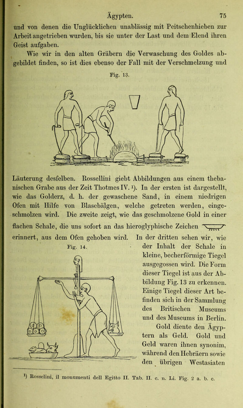 und von denen die Unglücklichen unablässig mit Peitschenhieben zur Arbeit angetrieben wurden, bis sie unter der Last und dem Elend ihren Geist aufgaben. Wie wir in den alten Gräbern die Verwaschung des Goldes ab- gebildet finden, so ist dies ebenso der Fall mit der Verschmelzung und Fig, 13, Läuterung desfelben. Rossellini giebt Abbildungen aus einem theba- nischen Grabe aus der Zeit Thotmes IV.*). In der ersten ist dargestellt, wie das Golderz, d. h. der gewaschene Sand, in einem niedrigen Ofen mit Hilfe von Blasebälgen, welche getreten werden, einge- schmolzen wird. Die zweite zeigt, wie das geschmolzene Gold in einer flachen Schale, die uns sofort an das hieroglyphische Zeichen \77Trr7“' erinnert, aus dem Ofen gehoben wird. In der dritten sehen wir, wie der Inhalt der Schale in kleine, becherförmige Tiegel ausgegossen wird. Die Form dieser Tiegel ist aus der Ab- bildung Fig. 13 zu erkennen. Einige Tiegel dieser Art be- finden sich in der Sammlung des Britischen Museums und des Museums in Berlin. Gold diente den Ägyp- tern als Geld. Gold und Geld waren ihnen synonim, während den Hebräern sowie den ^ übrigen Westasiaten Fig. 14. b Rosselini, il monumenti dell Egitto II. Tab. II. c. n. Li. Fig. 2 a. b. c.