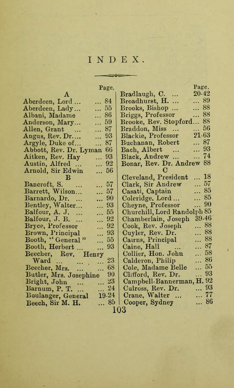 INDEX. Page. A Aberdeen, Lord ... ... 84 Aberdeen, Lady... ... 55 Albani, Madame ... 86 Anderson, Mary... ... 59 Allen, Grant ... 87 Angus, Rev. Dr.... ... 93 Argyle, Duke of... ... 87 Abbott, Rev. Dr. Lyman 66 Aitken, Rev. Hay ... 93 Austin, Alfred ... ... 92 Arnold, Sir Edwin ... 56 B Bancroft, S. ... 57 Barrett, Wilson... ... 57 Barnardo, Dr. ... ... 90 Bentley, Walter... ... 93 Balfour, A. J. ... ... 55 Balfour, J. B. ... ... 92 Bryce, Professor ... 92 Brown, I’rincipal ... 93 Booth, “ General ” ... 55 Booth, Herbert ... ... 93 Beecher, Rev. Henry Ward ... 23 Beecher, Mrs. ... ... 68 Butler, Mrs. Josephine 90 Bright, John ... 23 Barnum, P. T. ... 24 Boulanger, General 19-24 Beech, Sir M. H. ... 85 Page. Bradlaugh, C. ... 20-42 Broadhurst, H 89 Brooks, Bishop ... ... 88 Briggs, Professor ... 88 Brooke, Rev. Stopford... 88 Braddon, Miss 56 Blackie, Professor 21-63 Buchanan, Robert ... 87 Bach, Albert ... ... 93 Black, Andrew 74 Bonar, Rev. Dr. Andrew 88 0 Cleveland, President ... 18 Clark, Sir Andrew ... 57 Casati, Captain ... 85 Coleridge, Lord ... ... 85 Cheyne, Professor ... 90 Churchill, Lord Randolph 85 Chamberlain, Joseph 39-46 Cook, Rev. Joseph ... 88 Cuyler, Rev. Dr. ... 88 Cairns, Principial ... 88 Caine, Hall 87 Collier, Hon. John ... 58 Calderon, Philip ... 86 Cole, Madame Belle ... 55 Clifford, Rev. Dr. ... 93 Campbell-Bannerman, H. 92 Culross, Rev. Dr. ... 93 Crane, Walter 77 Cooper, Sydney ... 86