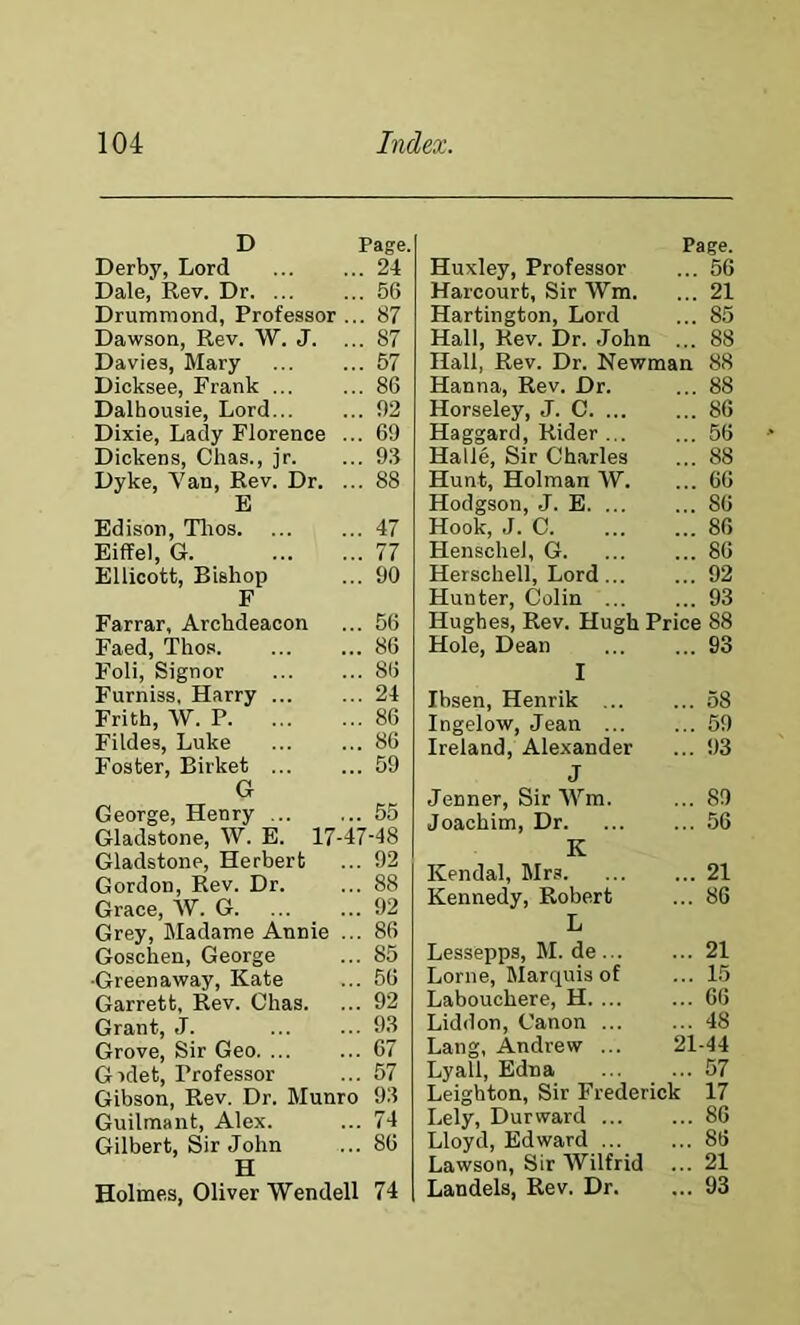 D Page. Derby, Lord 24 Dale, Rev. Dr 56 Drummond, Professor ... 87 Dawson, Rev. W. J. ... 87 Davies, Mary 57 Dicksee, Frank ... ... 86 Dalhousie, Lord 92 Dixie, Lady Florence ... 69 Dickens, Chas., jr. ... 9.6 Dyke, Van, Rev. Dr. ... 88 E Edison, Tlios 47 Eiffel, G. 77 Ellicott, Bishop ... 90 F Farrar, Archdeacon ... 56 Faed, Thos 86 Foli, Signor 86 Furniss, Harry ... ... 24 Frith, W. P 86 Fildes, Luke ... ... 86 Foster, Birket 59 G George, Henry 55 Gladstone, W. E. 17-47-48 Gladstone, Herbert ... 92 Gordon, Rev. Dr. ... 88 Grace, W. G 92 Grey, Bladame Annie ... 86 Goschen, George ... 85 •Greenaway, Kate ... 56 Garrett, Rev. Chas. ... 92 Grant, J. 93 Grove, Sir Geo 67 Gidet, Professor ... 57 Gibson, Rev. Dr. Blunro 93 Guilmant, Alex. ... 74 Gilbert, Sir John ... 86 H Holmes, Oliver Wendell 74 Page. Huxley, Professor ... 56 Harcourt, Sir Wm. ... 21 Hartington, Lord ... 85 Hall, Rev. Dr. John ... 88 Hall, Rev. Dr. Newman 88 Hanna, Rev. Dr. ... 88 Horseley, J. C 86 Haggard, Rider 56 Halle, Sir Charles ... 88 Hunt, Holman W. ... 66 Hodgson, J. E 86 Hook, J. C 86 Henschel, G 86 Herschell, Lord 92 Hunter, Colin ... ... 93 Hughes, Rev. Hugh Price 88 Hole, Dean ... ... 93 I Ibsen, Henrik 58 Ingelow, Jean 59 Ireland, Alexander ... 93 J Jenner, Sir Wm. ... 89 Joachim, Dr 56 K Kendal, Mrs 21 Kennedy, Robert ... 86 L Lessepps, M. de 21 Lome, Marquis of ... 15 Labouchere, H. ... ... 66 Liddon, Canon ... ... 48 Lang, Andrew ... 21-44 Lyall, Edna ... ... 57 Leighton, Sir Frederick 17 Lely, Durward 86 Lloyd, Edward ... ... 86 Lawson, Sir Wilfrid ... 21 Landels, Rev. Dr. ... 93