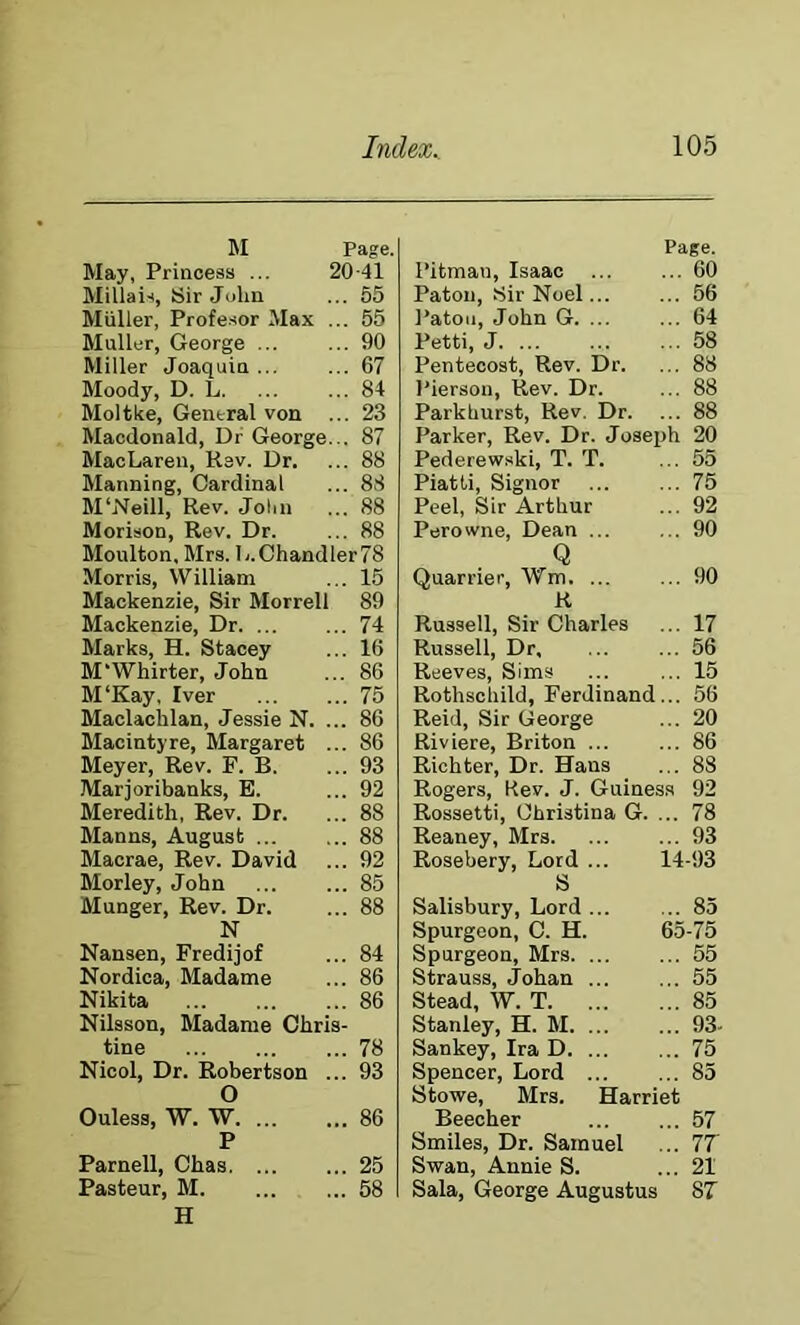 M Page. May, Princess ... 20-41 Millai-(, Sir John ... 55 Muller, Profesor Max ... 55 Muller, George ... ... 90 Miller Joaquin ... ... 67 Moody, D. L 84 Moltke, General von ... 23 Macdonald, Dr George... 87 MacLaren, Rav. Dr. ... 88 Manning, Cardinal ... 88 M'Neill, Rev. Jolm ... 88 Morison, Rev. Dr. ... 88 Moulton, Mrs. R.Chandler78 Morris, William ... 15 Mackenzie, Sir Morrell 89 Mackenzie, Dr 74 Marks, H. Stacey ... 16 M'Whirter, John ... 86 M‘Kay, Iver 75 Maclachlan, Jessie N. ... 86 Macintyre, Margaret ... 86 Meyer, Rev. F. B. ... 93 Marjoribanks, E. ... 92 Meredith, Rev. Dr. ... 88 Manns, August 88 Macrae, Rev. David ... 92 Morley, John 85 Hunger, Rev. Dr. ... 88 N Nansen, Fredijof ... 84 Nordica, Madame ... 86 Nikita 86 Nilsson, Madame Chris- tine 78 Nicol, Dr. Robertson ... 93 O Ouless, W. W 86 P Parnell, Chas 25 Pasteur, M 58 H Page. Pitman, Isaac 60 Patou, Sir Noel... ... 56 Patou, John G. ... ... 64 Petti, J 58 Pentecost, Rev. Dr. ... 88 Pierson, Rev. Dr. ... 88 Parkhurst, Rev. Dr. ... 88 Parker, Rev. Dr. Joseph 20 Pederew.ski, T. T. ... 55 Piatti, Signor ... ... 75 Peel, Sir Arthur ... 92 Perowne, Dean ... ... 90 Q Quarrier, Wm. ... ... 90 R Russell, Sir Charles ... 17 Russell, Dr, ... ... 56 Reeves, Sims ... ... 15 Rothschild, Ferdinand... 56 Reid, Sir George ... 20 Riviere, Briton ... ... 86 Richter, Dr. Hans ... 88 Rogers, Kev. J. Guiness 92 Rossetti, Christina G. ... 78 Reaney, Mrs. ... ... 93 Rosebery, Lord ... 14-93 S Salisbury, Lord ... ... 85 Spurgeon, C. H. 65-75 Spurgeon, Mrs 55 Strauss, Johan ... ... 55 Stead, W. T 85 Stanley, H. M. ... ... 93- Sankey, Ira D. ... ... 75 Spencer, Lord 85 Stowe, Mrs. Harriet Beecher ... ... 57 Smiles, Dr. Samuel ... 77 Swan, Annie S. ... 21 Sala, George Augustus 8T