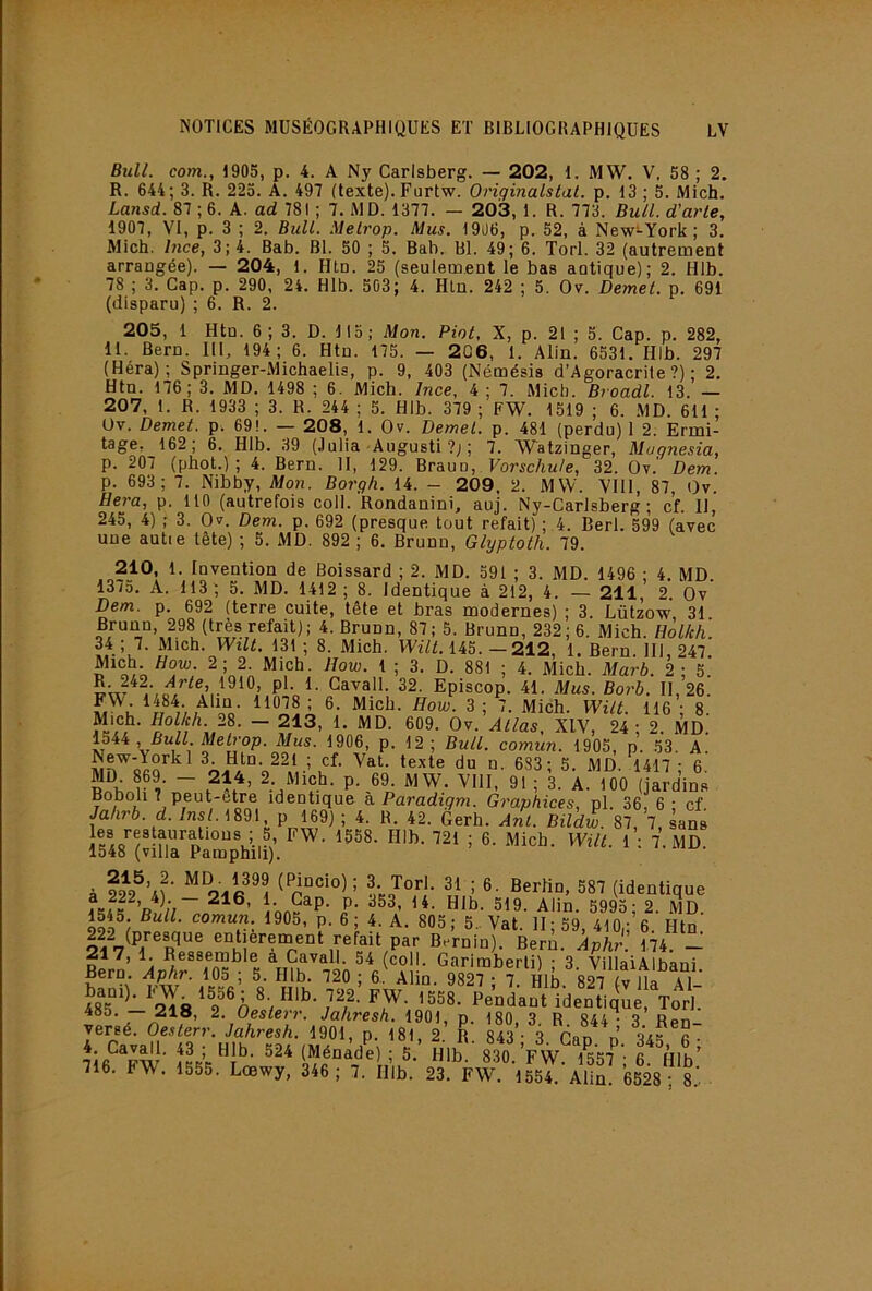 Bull, com., 1905, p. 4. A Ny Carlsberg. — 202, 1. MW. V. 58 ; 2. R. 644; 3. R. 225. A. 497 (texte). Furtw. Originalstal. p. 13 ; 5. Mich. Lansd. 87 ; 6. A. ad 781 ; 7. MD. 1377. — 203, 1. R. 773. Bull, d'arle, 1907, VI, p. 3 ; 2. Bull. Metrop. Mus. 1906, p. 52, à New-York ; 3. Mich. Ince, 3; 4. Bab. Bl. 50 ; 5. Bab. Bl. 49; 6. Torl. 32 (autrement arrangée). — 204, 1. Htn. 25 (seulement le bas antique); 2. Hlb. 78 ; 3. Cap. p. 290, 24. Hlb. 503; 4. Hln. 242 ; 5. Ov. Demet. p. 691 (disparu) ; 6. R. 2. 205, 1 Htn. 6 ; 3. D. 115; Mon. Piot, X, p. 21 ; 5. Cap. p. 282, 11. Bern. 111, 194; 6. Htn. 175. — 206, 1. Alin. 6531. Hlb. 297 (Héra); Springer-Michaelis, p. 9, 403 (Némésis d’Agoracrite ?) ; 2. Htn. 176; 3. MD. 1498 ; 6. Mich. Ince, 4 ; 7. Mich. Broadl. 13. — 207, I. R. 1933 ; 3. R. 244 ; 5. Hlb. 379 ; FW. 1519 ; 6. MD. 611 • Üv. Demet. p. 69!. — 208, 1. Ov. Demel. p. 481 (perdu) 1 2. Ermi- tage. 162; 6. Hlb. 39 (.Iulia Augusti ; 7. Watzinger, Mugnesia, p. 207 (phot.) ; 4. Bern. II, 129. Brauu, FoMc/iw/e, 32. Ov.' Dem. p. 693 ; 7. Nibby, Mon. Borgh. 14. - 209, 2. MW. VIH, 87, Ov. Hera, p. 110 (autrefois coll. Rondanini, auj. Ny-Carlsberg ; cf. Il, 245, 4) ; 3. Ov. Dem. p. 692 (presque tout refait) ; 4. Berl. 599 (avec une autie tête) ; 5. MD. 892 ; 6. Brunn, Glyptoth. 79. 210, 1. Invention de Boissard ; 2. MD. 591 ; 3. MD. 1496 ; 4. MD. 1375. A. 113 ; 5. MD. 1412 ; 8. Identique à 212, 4. — 211 2. Ov Dem. p. 692 (terre cuite, tête et bras modernes) ; 3. Lützow, 31 Brunn, 298 (très refait); 4. Brunn, 87; 5. Brunn, 232; 6. Mich. HoUch. 34 ; 7. Mich. Wilt. 131 ; 8. Mich. Wilt. 145. —212, 1. Bern III 247 ^ ; 3. D. SSl ; 4. Mich. Marb. 2; 5.' p ■ 32. Episcop. 41. Mus. Borb, 11,26. FW. 1484 Alin 11078 ; 6. Mich. How. 3 ; 7. Mich. Wilt. 116 ; 8. ~ Ov. Allas, XIV, 24; 2. MD. 1544 Bull Melrop. Mus. 1906, p. 12 ; Bull, comun. 1905, p. 53. A. du n. 683; 5. MD. 1417 • 6 Snf ?■ ~ 1 A- ^00 (jardins Boboh î peut-être identique a. Paradigm. Graphices, pl. 36, 6 ; cf. Ja/irb. d. 1891 p 169) ; 4. R. 42. Gerh. Ant. Bildw. 87, 7, sans les restaurations ; 5 FW. 1558. Hlb. 721 ; 6. Mich. Wilt. 1 ; 7. MD. 1548 (villa Pamphili). à 222^4?' ^ Berlin, 587 (identique ffUK ’r P* ^BJb- 519. Aün. 5995; 2. MD 1545. Bull, comun. 1905, p. 6 ; 4. A. 805; 5.. Vat. H; 59, 410,; 6. Htn 222 (presque entièrement refait par Bernin). Bern. Aphr. 174. - 217, 1. Ressemble a Cavall. 54 (coll. Garimberti) • 3 VillaiAlhani Bern. Aphr. 105 ; 5. Hlb. 720 ; 6. Alin. 9827 ; 7. Hlb 827 Iv lia Al I S'. \£T- 716. FW. 1555. Lœwy, 346 ; 7. Illb. 23. FW. 1554. Alin. 6528 ; 8.’