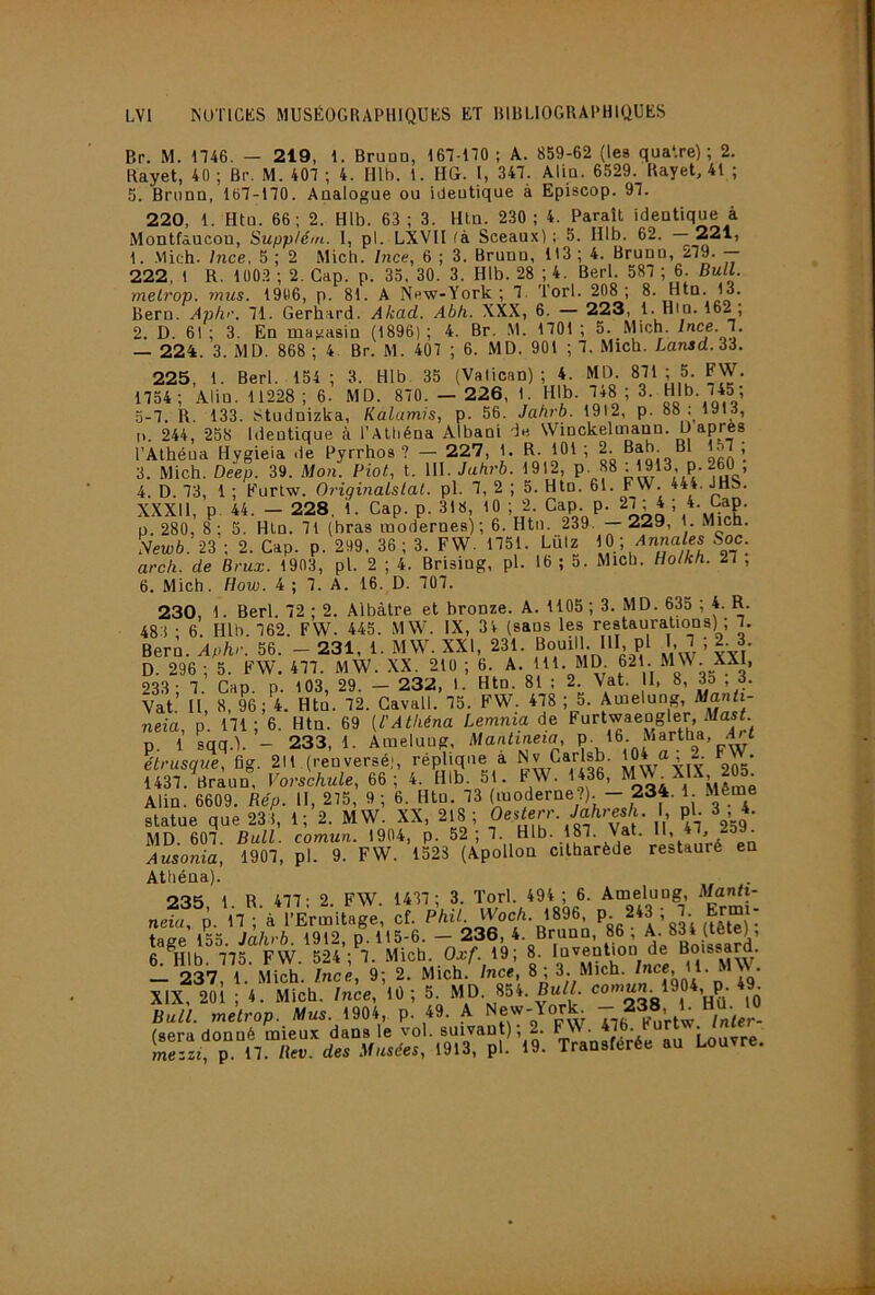 Br. M. 1746. — 219, 1. Bruno, 167-170 ; A. 859-62 (les qua'.re) ; 2. Rayet, 40 ; Br. M. 407 ; 4. Hlb. 1. HG. l, 347. Alla. 6529. Rayet, 41 ; 5. Brima, 167-170. Analogue ou ideutique à Episcop. 97. 220, 1. Htu. 66 ; 2. Hlb. 63; 3. Ht,a. 230 ; 4. Paraît identique à Montfaucon, Supplém. I, pl. LXVII là. Sceaux); 5. Hlb. 62. — 221, 1. .\1ich. Ince. 5; 2 Mich. Ince, 6 ; 3. Bruno, 113; 4. Bruno, 279. — 222, 1 R. 100.2 ; 2. Cap. p. 35. 30. 3. Hlb. 28 ; 4. Berl. 587 ; 6. Bull. meLrop. mus. 19t)6, p. 81. A Nftw-York ; 1. Torl. 208; 8. Hta. 13. Bern. Apiv. 71. Gerh.ard. Akad. Abh. XXX, 6. — 223, 1. Hio. 162 ; 2. D. 61 ; 3. En maiiasin (1896); 4. Br. .M. 1701 ; 5. Mich. Ince. l. — 224. 3. MD. 868 ; 4 Br. M. 407 ; 6. MD. 901 ; 7. Micb. Lansd.U. 225, 1. Berl. 154 ; 3. Hlb 35 (Vatican); 4. MD. 871 ; 5. FW. 1754 ; Aliu. 11228 ; 6. MD. 870. — 226, 1. Hlb. 748 ; 3. Hlb. 745; 0-7. R. 133. Studnizka, Kalamis, p. 56. Jahrb. 1912, p. 88 : 19la, U. 244, 258 Ideutique à l’AUiéna Albani de Winckelmann. D apres l’Alhéua Hygieia de Pyrrhos ? — 227, 1. R. 101 ; 2. Bah. B1 1.57 ; 3. Mich. Deep. 39. Mon. Piot, t. 111. Jahrb. 1912, P- «8 : 1913. p. 260 4. D. 73, 1 ; Furtw. Originatslal. pl. 7, 2 ; 5. Htu. 61. FW. 444. HS. XXXll, p 44. — 228, 1. Cap. p. 318, 10 ; 2. Cap. p. 27 ; 4 ; 4. Cap. p. 280, 8; 5. Hln. 71 (bras modernes); 6. Htu. 239. —229, 1. Mich. ÎVeuiô. 23 ; 2. Cap. p. 299. 36 ; 3. FW. 1751. Lülz 10 ;/«««/«? arch. de Brux. 1903, pl. 2 ; 4. Brising, pl. 16 ; 5. Mich. Ho/kh. 27 , 6. Mich. How. 4 ; 7. A. 16. D. 707. 230, 1. Berl. 72 ; 2. Albâtre et bronze. A. 1105 ; 3. MD. 635 ; 4. R. 481 ; 6. Hlb. 762. FW. 445. MW. IX, 34 (sans les restaurations) ; 7. Berù. Aphr. 56. - 231, 1. MW. XXI, 231. Boiull. HI pl I, 7 ; 2. 3 D. 296 ; 5. FW. 477. MW. .XX. 210 ; 6. A. MD. 621. MW. XXI, 233 ; 7. Cap. p. 103, 29. — 232, 1. Htu. 81 : 2. Vat. I, 8, 35 , 3. Vat. Il, 8, 96; 4. Htu. 72. Cavall. 75. FW. 478 ; 5. Ameluug, Manh- neia, p. 171; 6. Htn. 69 [l'Athéna Lemnia de F^^ftwaeogler, p. 1 sqq.). - 233, 1. Ameluug. Mantineia, P , étrusque, fig. 211 (renversé;, réplique a Nv Carlsb. |04 a , 2. F W. 1437. Braun, Vorschule, 66; 4. Hlb- 3t. FW. 1436, ‘ i.* ' Alin. 6609. Rép. II, 275, 9 ; 6. Htu. 73 (moderne?). - 234. 1. Même statue que 231, 1; 2. MW. XX, 218 ; Ocs^err. JaAresA. I, pl- 3 , 4. MD. 607. Bull, comun. 1904, p. 52; 7. Hlb. 187. Vat. 47 25 . Ausonia, 1907, pl. 9. FW. 1523 (Apollon citharède restauré en Athéna). ‘2'i^ 1 R 477-2 FW 1437; 3. Torl. 494 ; 6. Ameluug, Mann- „ n ■ i ÎErmlt™. Cf. WO.A. ,896 p 943 , 9 Ermj; taffp 155 Jahrb. 1912, p. 115-6. — 236,4. Bruno, 86, A. 834 (tete), 6.^Hlb. 775. FW. 524 ; 7. Mich. Oxf. 19; 8.