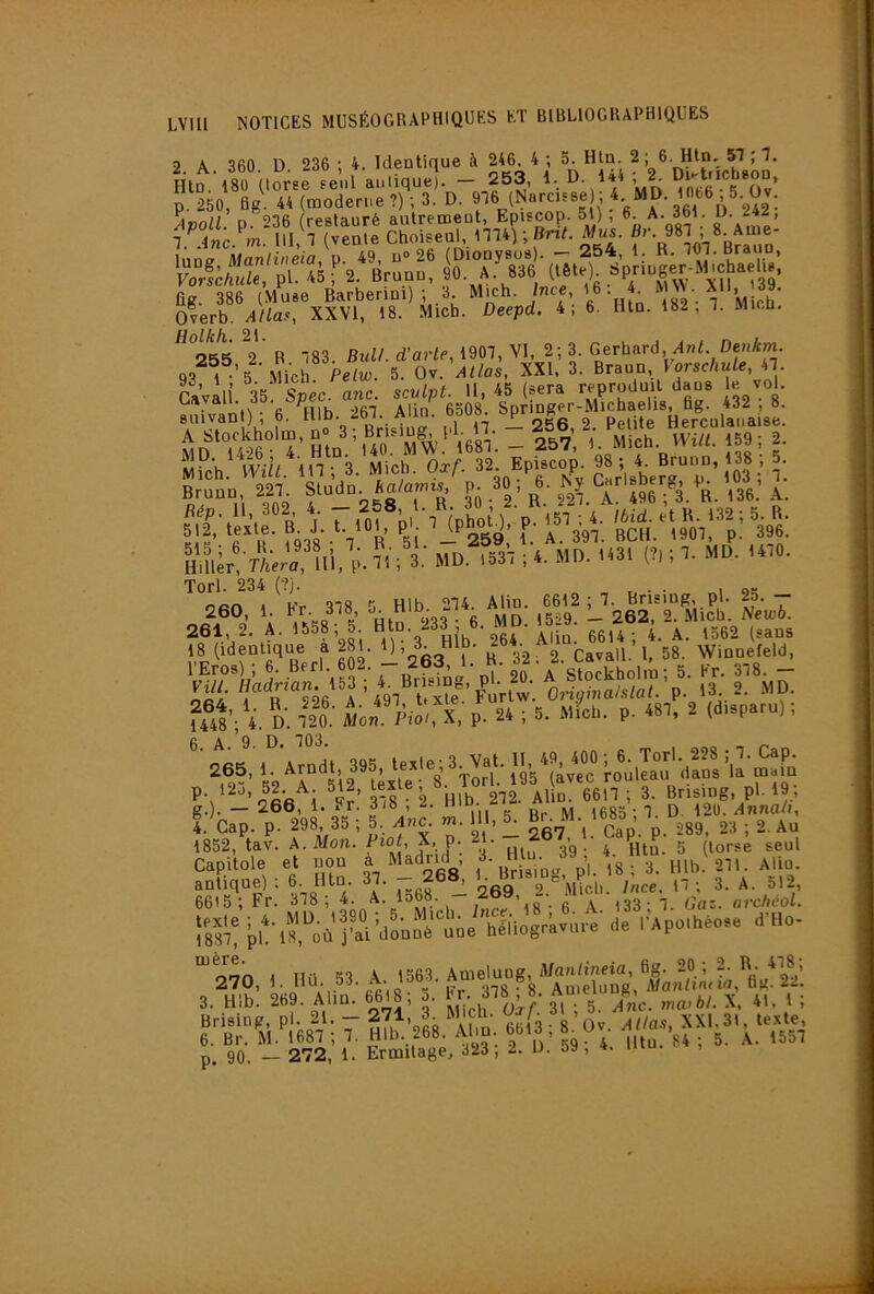 2. A. 360. D. 236 ; 4. Identique à 246 4 ; i ^ Dluicbson' Hln. 180 (torse seul antique). — 253, 1. D. 1«4 , 2^ Di tricbson, p. 250, ag. 44 (moderne ?) ; 3. D. 916 (Narcisse ; ® ^255 ^2’ B *83. BuU. d'arte, 1901, VI, 2; 3. Gerhard, An<. De«Am. 93 1 - 5 Mich Pelw. 5. Ov. Atlas, XXI, 3. Braun, Forsc/i«(e, 41. Cavali. 3b Spec. anc. sculpt. 11, 45 (sera reproduit dans le vol. • ■ fi Hih â61 Alin 6308. Springer-Michaelis, ùg. 432 , 8. suiyan ) , 6. 261. A m. _P ^ ^ Herculanaise. Ûn ÆS^^ T’Htn ^40. - 257, 1. Mich. Witl. 159; 2. Hillir^n^™ Vl, ?n 3.' MD. '537 ; i. MD. H3I dl ; 7. MD. U,0. 37 8 5 |74 Alic. ^66,3 ■ ^^^à’2Rl T)“‘3'^^Hih^‘2^f’Àlin. 6614; 4. A. 1562 (sans 18 (identique a 281. I).u „ 9 favall 1 58 Winnefeld, ff*!';';. d'. 7M.- P.»., X, p. 24 ; 5. MicP. p. *87, 2 (disparu) ) '■ 265,' “ aP., 383. .«le; 3 Val. U 4. 4«» i 8^ ; J. Cap. 3r8^.%irm A.l„. 33,7 . 3. Brisiu«,_^pM8; 4. Cap. p. 298, 35 ; 5, An^ m. > . ^ jev**'.. Cap. p. 289. 23 ; 2. Au 1852, tav. A. Mon. X>. P-. hIm 39 • 4 Htu. b (torse seul Capitole et non a Madrid ‘Jf ,3; 3. Hlb. 211. Alin ??;rF’r: t78'f4.1 ;S! |,*^roù1lV'dÔu»tue hliiogrkvure' de |■'Apolhéo.e .rHo. “otO.I.IIO 53.A 1563.Au,eluog 3. Hlb. 269. Abu. 6618; 0. Fr- /,[c. mwbl. X, 41, 1 ; 6“B*rM.^'il'7'; 7 ?U‘.•238. ADu. 3.,'^; .^O.. p_ 90. _ 272, 1. Ermitage, 323, 2. U. 5», *•