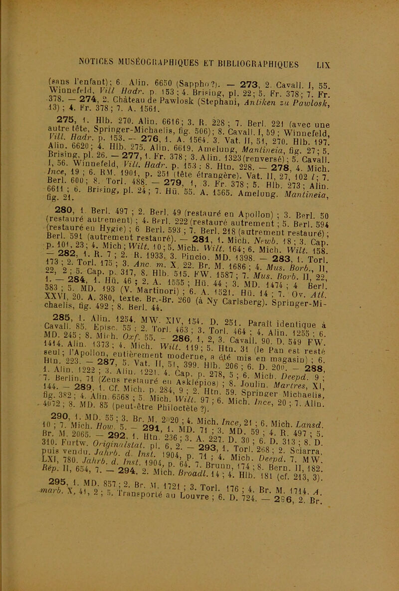 (?nns 6 AIId. 6650 (Sappho?). — 273, 2. Cavall. i, 55. \Viünefeld ]ill tladr. p. 153 ; 4 Bripitig, pl. 22; 5. Fr. 378; 7. Fr. nr- 7 (Stephaui, AnLiken za Pawlosk, rF, o/O) /. A. lobj. ^ J*- AMU. Doiy. Ameluoe, Manlweia fia 97* f'^56°WinDPfpl7 F7/’ H w'’ 1323(renversé) ; 5^'CavàlL i’ .in <, f. P- ; 8. Htn. 228. — 27 8 4. Mich 7nce, 19 , 6. H,\I. 1901 p. 251 (tête étrangère). Vat 11 27* 102 l- 7* Berl. 600; 8. Torl. 488 - 279, 1 3 Fr 378 5 Hlh A^n 661 6. Bri.cing, pl. 24; 7. Hü. 55. A. 1565. A^eJ■üng (restauré en Apollon) ; 3. Berl. 50 (res aure autrement) ; 4. Berl. 222 (restauré autrement ; 5 Berl 594 S-SÏÏ 3. I-, ïï7r: ri6Ï6^4rÆ/^[l- P’ O *^37; 7. Mus. Borb. U II' 583~ ? MD 193\v ’m ‘ P ^ 3. MD. 1474 ; 4 Bert XXVT a‘ «p (V- Martinon) ; 6. A. 1521. Hü. 14 ; 7. Ov. AU ?hlil)Kflg*4f2%‘‘£|^T.“''- C.rl,bere). Sprmg.r.Mi: Ca^fn.’sk Ep'lœ'2'rorî''r63*-'‘3 '’T'lr'**''’* * 1414. Alin. 1373 ; 4. AHch ‘ Htif^awie ■ 4.72 ; 8. MD. 8s Ip.pDêtr. tbiloc/èîe ^ .»f7“'.M’id( «pÏÏ.k^.- -'i91^rkD ■'îk'kÏD^U'-a”'^'’' Br. .M. 2065. - 292 1 Htn ’ 2t'fi a K ^ ^ i 5- 310. Furtw. Originnlslal. pl.' P 2! - 293,Y\rV 268°‘2^'s’• ^■ LXl! m ÿa/oYï'/Y/^gY’^ ^e>^n. 654. 7. - 294.7YUvto:.!^ïïr4: '• MD. 857; 2. Br. ,\1. 1791 • 3 'r„_| ,~,r. . , „ -^•6. X, 41, 2 ; .5. Transporté au LouV^efe. d' 724. Y 296?2Yt.