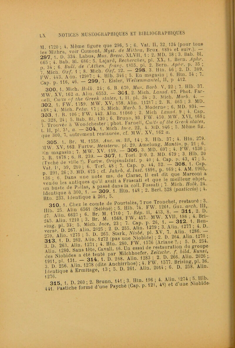 M n20 • h. Même ügure que 296, 5 ; 6. Val. 11, 32. 124 (pour tous les MÜhra, voir Gumont, Myst. de ‘7Q7 1 D 334. Labus, Mus. Bresc. XLVll, 1 . 2. MD. 58, 3. Bab. Bl. G65-’4 Bab. Bl. 686: 5. Lajard, Becherclies, pl. XX, '• Beru. Aphr. P 34;’6. Bull, de l'Athen. fravç. 18SS, pL 2. Bern. p. 3o ; 1 Micb Oxf. 1 ; 8. Mich. Oxf. 22. — 298, 3. Hlo. 46 , 2. T)^ 309. F\V 443. Alla. l29(a ; 4. Hlb. 346 ; 5. Eu magasio ; 6. Hln. o4 ; 1. Cap. p. 116, 46. — 299, 1. Eisler, Wellenmanlel, 11, p 412. 900 \ Mich Hulk. 24; 6. R- 670. Mii^. Bovb. V, 22 , 7. Hlb. 37. MW XV îèra. Abu. 6553. - 301, 2. Mich. La.sd. 67. Phot. Far- ue\\ ■ cX 'd the Greek siales, t. 11, pl. 34 ;_3. Mich. Marb. 4 - •in'?' 1 FW 1759. MW. XV, 158. Abu. 1121 i ; 2. R. 665 , 3. MD- ii88 ■ k Mich Petw. 11 ; 5. Mich. Marb. 5. Moderne ; 6. MD. 934. rtn^t i’ R 106 • FW 442. Abn. 11060 ; 2. Mich Lansd. 9 ; 4. Cap. f ?98 24- 5 Bab Bl. 130; 6. Bruno, 93. FW. 450. M\V. X T 168;. î.’Trouvée à Woodchester;phol Farnell, Cu/^ . ,1 „l oi a — 304, 1. Mich. hue, 22, 4. -MD. 94b , 5. Aieme ng. uue’300', 1,’autrement restaurée, cf. MW. XV, 162 a. 305 1 Br. M. 1558. A«c. w. HI, 14; 3. Hlb. 31 ; 4. Htn 219. 6 0^2^’ - 307, 1. Torl. 210. 2. MD. 619 ; 3. Hlb. 20 H'v^îhrde Ville?). Furlw. Originalstal. p. 40 ; 4 Cap. 41^ 5. ?36 6 D’ans une note ms. de Clarac, il est dit que Marcom a Identique à 300, 1.’- 309. 1. Hln. 148 ; 2. Berl. 528 {pasliccio) ; 4. Htu. 233. Identique à 261, 5. . . * . 0 Hlb 25. Alin 6561 (beiene) , o. niü. J/'‘ ^ 9 n “*^*,7. ccOT . A Rr M 4710* 7. Rev. il, 403, O. — Oll, -û- LJ. f.5.1., .210’, 3; Br! m: ?6V ^Vbn‘'2025 2 D ’235. Alin. \2i9l 3. Aliu. 1211 ; 4. D. verse, p. 261. Abn. 2‘25 , ■ ^1-^^ ,286. — llà lel ' AÙP IS'(pà« ïie Niobue) ; S. D. 261. *«9.'2™ ; ,lej Niobides a «« Àllü. 2026 ; Identique à Ermitage, 13, 5. D. 2bl. Aiin. , Jir p.'y‘c'bi)4“p.'“.'. Vë“d-- ^b^o'b'l
