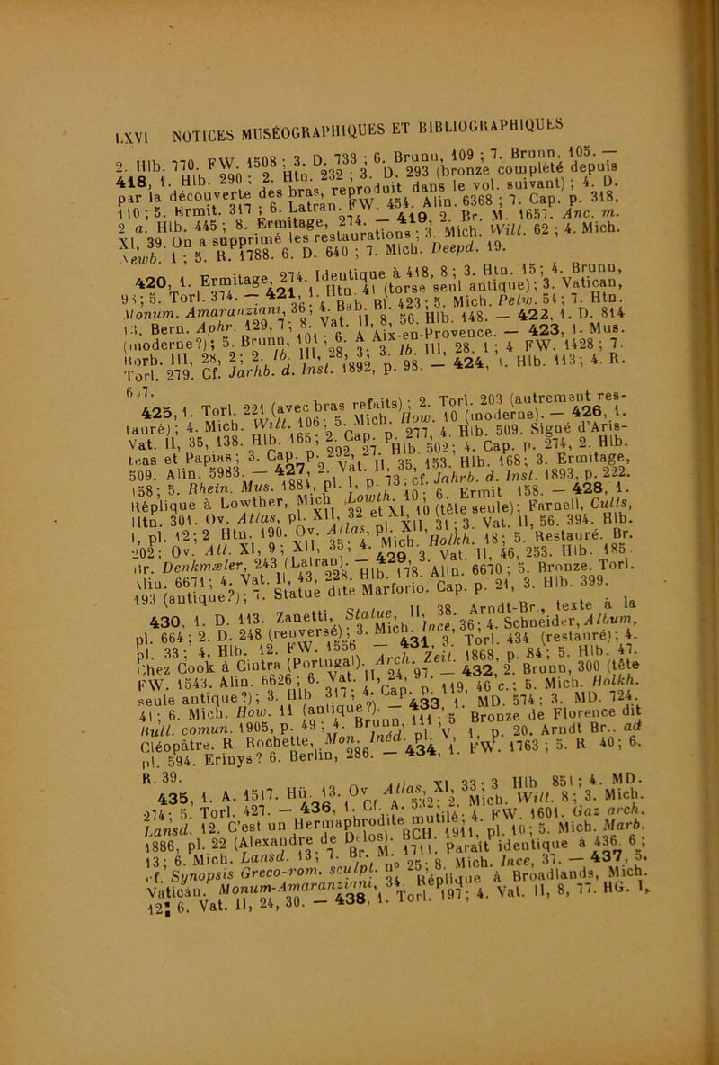Ïl8\ 'îflbT9b ''f. 'mnM'- 3’.'b® depu^ 2 «: HIli'.TiV; 8. Ermitage, f \X' WijrS'i »MicT. «0, 1 ErmiUge,|J*. i *8? itit. ” ^'Si,‘i .’b.Ti ,:!. Bern. Aphr. 129, T, 8 Vat. JI- _ 423, 1. Mus. (.noderue?); 5^ Bruno, 01, 6. ^ Aix en P ^^^8 ; T. rrf.-2^9’. S p/«V - 424, ’u H.b. U3; 4. R. 'v“r,’C 35“i58: P„ «V-.^baT “lÜb: te,as et PapiHs; 3. ^ap- P- 292, • ig^’nib. 168; 3. Ermitage, 509. Alin. 5983. - 427 13 cf d. Inst. 1893, p. 222. ,58; 5. Rhein. Mus. 1884, pl. ' P g E™it 158. - 428, 1. Képlique à Lowther, _ et XI iO (tête seule); Faroell, lltn. 301. üv. Atias, pL XH, 32 et aï, \ 202; Ov. Alt. XI, 9, Xll, 20, o Val. H, 46,253. HIb. 185- ilr. 243 (LalrauL geiO ; 5. Bronze Torl. m (anuj^epjl dit; Marforio. Cap. p. 21, 3. Hlb. 399. 430, t. D. it3. ^•P«'l■b,,S“‘“;,^J^36‘T1Séèid 3^ pl. 664 ; 2. D. 248 (renversé) , 3. M (restauré) ; 4. rihefcookïcintr; *1' 432' l’.'Bro’DD, ?0o(tété 41 ; 6. Mich. How. U - 5 Bronze de Florence dit Hutl. comun. 1905, p. 49 , 4. , ^ Arndt Br., ad Cléopâtre. R RocbeUe, A/on. /ndd. pL v p ^ ^g. ^ pl. 594. Eriuys? 6. Berlin, 286. - 4J^k, 1. r R • t II vi îllb 85 i ^ • M• 435, 1. A. 1517. Hü. 13. Ov ,yitt. 8;,3. Mich. -274- 5. Torl. 427. — 436, '• OL A. . , ^-^V. 1601. Oa: arch. Lansd. 12. C’est u VcH 1911 pl- 10; 5- M'^b- A/ar6. 1886, pl. 22 {Alexandre de ^)- identique à 43^ 6 ; 13* 6. Mich. Ldf^sd. 13, T. • ^ \Uch Incc, 31. ■— 437, 5* ,t'Synopsis Greco-rom. sculpl.'a ’®',. ^ Broadlands, Mich. 4‘f/.Lirs)'3r-.. v,,.. n, *, hg. ..