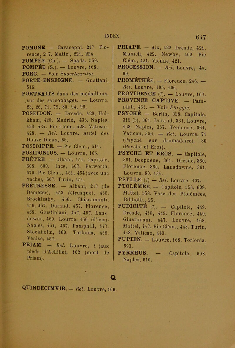 6i7 FOMONK. — Cavaceppi, 217. Flo- rence, 217. Mattéi, 221, 224. POMPÉE (Ch ). — Spada, 359. POMPÉE (S.). — Louvre, 168. PORC. — Voir Suovelaurilia. PORTE-ENSEIGNE. — Guattani, 516. PORTRAITS dans des médaillons, .sur des sarcophages. — Louvre, 23, 26, 71, 79, 80, 94, 93. POSEIDON. — Dresde, 428, Hol- kham, 428. Madrid, 435. Naples, 428, 434. Pie Clém., 428. Vatican, 428. — Re/. Louvre. Autel des Douze Dieux, 65. POSIDIPPE. — Pie Clém., 511. POSIDONIÜ8. — Louvre, 166. PRÊTRE. — Albani, 451. Capitole, 608, 609. lüce, 607. Petworth, 375. Pie Clém., 431, 454 (avec uuc vache), 607. Turin, 451. PRÊTRESSE. — Albani, 217 (de Déméter), 453 (étrusque), 456. Brocklesby, 456. Chiaramonti, 456, 457. Durand, 457. Florence, 458. Giustiniani, 447, 457. Lans- downe, 460. Louvre, 136 (d’isis). Naples, 454, 457. Pamphili, 447. Stockholm, 460. Torlonia, 458. Venise, 437. PRIAM. - Rel. Lo uvre, 1 (aux pieds d’Achille), 102 (mort de Priam). PRIAPE. — Aix, 422. Dresde, 421. Munich, 422. Newby, 402. Pie Clém., 421. Vienne, 421. PROCESSION. — Rel. Louvre, 44, 99. PROMÉTHÉE. — Florence, 246. — Rel. Louvre, 105, 106. PROVIDENCE (7). — Louvre, 167. PROVINCE CAPTIVE. — Pam- phili, 451. — Voir Phrygie. PSYCHÉ. — Berlin, 338. Capitole, 315 (5), 361. Durand, 361. Louvre, 168. Naples, 357. Toulouse, 361. Vatican, 356. — Rel. Louvre, 71 (Psyché sur dromadaire), 80 (Psyché et Bros). PSYCHÉ ET EROS. — Capitole, 361. Deepdene, 361. Dresde, 360. Florence, 360. Lansdowue, 361. Louvre, 80, 134. PSYLLE (?) — Rel. Louvre, 107. PTOLÉMBE. — Capitole, 358, 609. Mattéi, 338. Vase des Ptolémées, Bibliotb., 25. PUDICITÉ (?). — Capitole, 449. Dresde, 448, 449. Florence, 449. Giustiniani, 447. Louvre, 168. Mattéi, 447. Pie Clém., 448. Turin, 418. Vatican, 449. PUPIEN. — Louvre, 168. Torlonia, 593. PYRRHUS. — Capitole, 508. Naples, 510. Q QUINDECIMVIR. — Rel, Louvre, 106.
