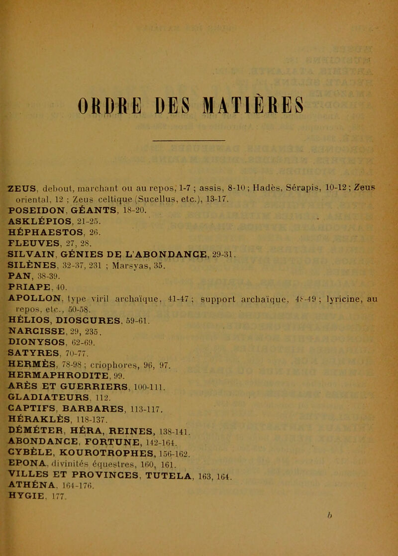 OBDRE DES MATIÈRES ZEUS, debout, marclumt ou au repos, 1-7 ; assis, 8-10 ; Hadès, Sérapis, 10-12 ; Zeus oriental, 12 ; Zeus celtique (Sucellus, etc.), 13-17. POSEIDON, GÉANTS, 18-20. ASKLÉPIOS, 21-25. HÉPHAESTOS, 2r.. FLEUVES, 27, 28. SILVAIN, GÉNIES DE L’ABONDANCE, 29-31. SILÈNES, 32-37, 231 ; Marsyas, 35. PAN, 38-39. PRIAPE,40. APOLLON, type viril archaïque, 41-47; support archaïque, 4.'--49; lyricine, au repos, etc., 50-.58. HÉLIOS, DIOSCURES. 59-61. NARCISSE, 29, 235. DIONYSOS, 62-69. SATYRES, 70-77. HERMÈS, 78-98 ; criophores, 96, 97. HERMAPHRODITE, 99. ARÈS ET GUERRIERS, 100-111. GLADIATEURS, 112. CAPTIFS, BARBARES, 113-117. HÉRAKLÈS, 118-137. DÉMÉTER, HÉRA, REINES, 138-141. ABONDANCE, FORTUNE, 142-164. CYBÈLE, KOUROTROPHES, 156-162. EPONA. divinités équestres, 160, 161. VILLES ET PROVINCES, TUTELA, 163, 164. ATHÉNA. 164-176. HYGIE, 177. b