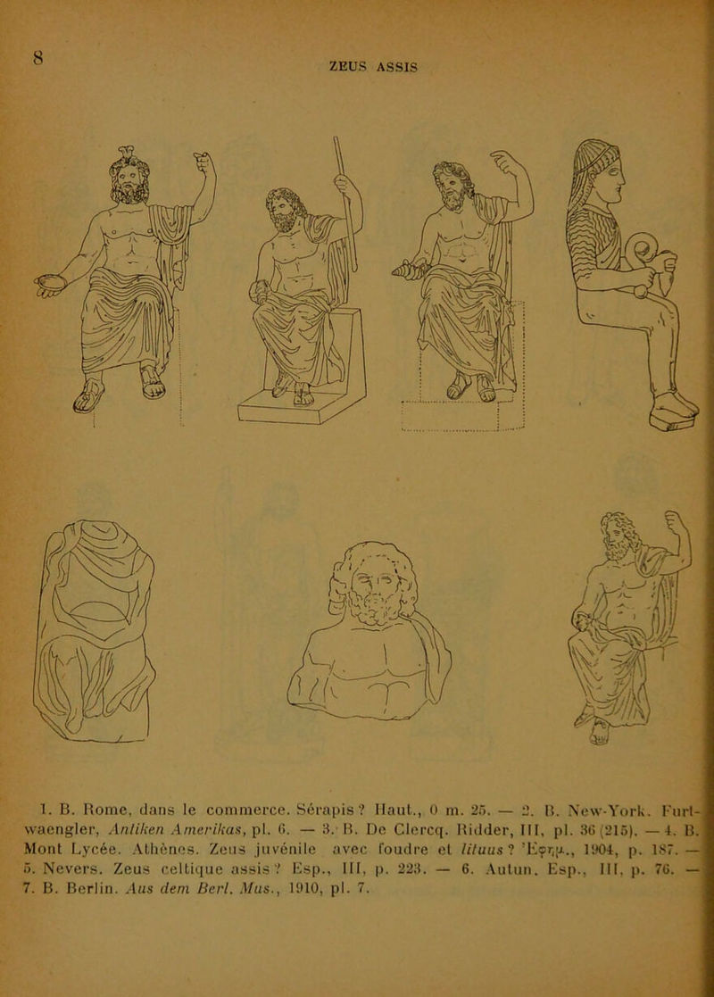 ZEUS ASSIS 1. B. Rome, dans le commerce. Sérapis ? Haut., O m. 25. — 2. B. \ew-York. Furl- wacngler, Anliken Amerikas, p\. G. — 3.-B. De Clercq. Hidder, III, pl. 3G{216). —4. B. Mont Lycée. Atiiènos. Zeiis Juvénile avec foudre et liluus^ I'J04, p. 187. — 5. Nevers. Zeus celtique assis? lisp., III, p. 223. — 6. .\ulun. Esp., III, p. 76. — 7. B. Berlin. A«s dem Berl. Mus., 1910, pl. 7.