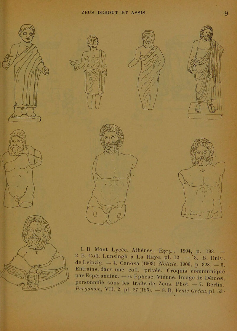 1. B Mont Lyc6e. Athènes. 1904, p. 193. — 2. B. Coll. Lunsingh à La Haye, pl. 12. —‘3. R. Univ. de Leipzig. - 4. Canosa (1903). 7Vo//z/e, 1906, p. 328. - 5. Entiains, dans une coll. privée. Croquis communiqué pai Espérandieu. — 6. Ëphèse. Vienne. Image de Démos, personnifié sous les traits de Zens. Phot. — 7. Berlin’ Perrjamon, VII, 2, pl. 27 (18.5). - 8. R. Vente Gréau, pl. 53’•