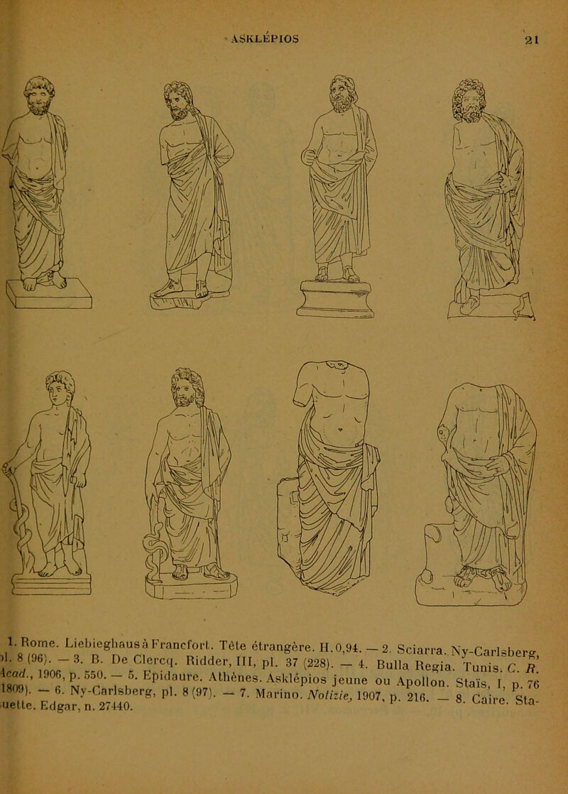 l. Rome. Liebieghausà Francfort. Tête étrangère. H.0,94. - 2. Sciarra. Ny-Carlsber- ^1. 8 (96). - 3. B. De Clercq. Ridder, III, pl. 37 (228). 1 4. Bulla Regia Tunis Îoti’ 1!^’ N °r ■ 7k' AsWéplos Jeune ou Apollon. Stals, I p. 76 ueile. î;M0 ’’ P' “ «• SI»'