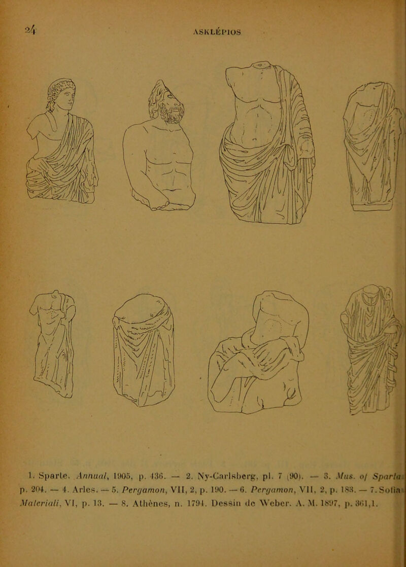 p. 204. — 4. Arles. — 5. Peryarnon, VII, 2, p. l'.lO. — 6. Peryamon, VII, 2, p. 1.S3. — T.Soli? MalerialLW, p. 13. — S. .Athènes, n. 1791. üessin de AVeber. .V .M. 1897, p. 361,1.