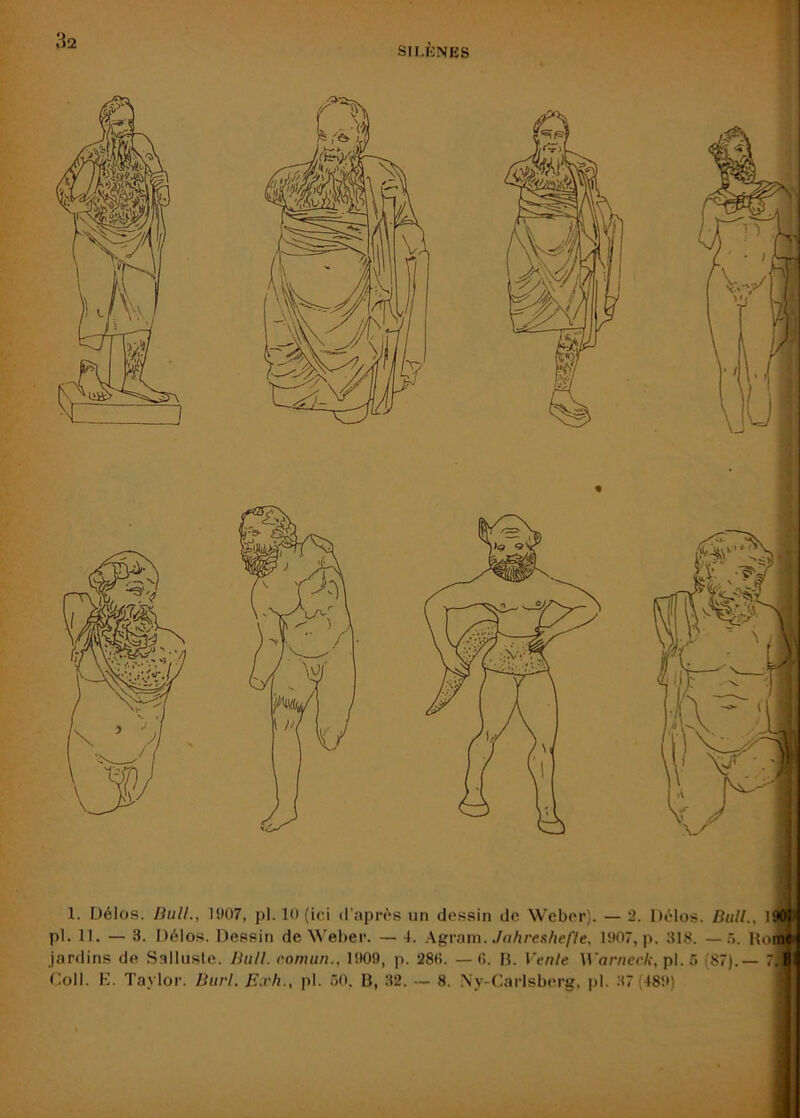 3a SII.KNES 1. Délos. liulL, 1!)07, pl. 10 (ici d’aprcs un dessin de Weber). — 2. DiMos. Bull., 19oi’ pl. 11. — 3. Délos. Dessin de Wel)er. — 4. .\gvam. Jahreshefle, 1907, p. 318. —5. Horaf* jardins de Sallusle. Bull, roman., 1909, p. 280. —fi. H. Venle irornecfr, pl. 5 (87).— !B1