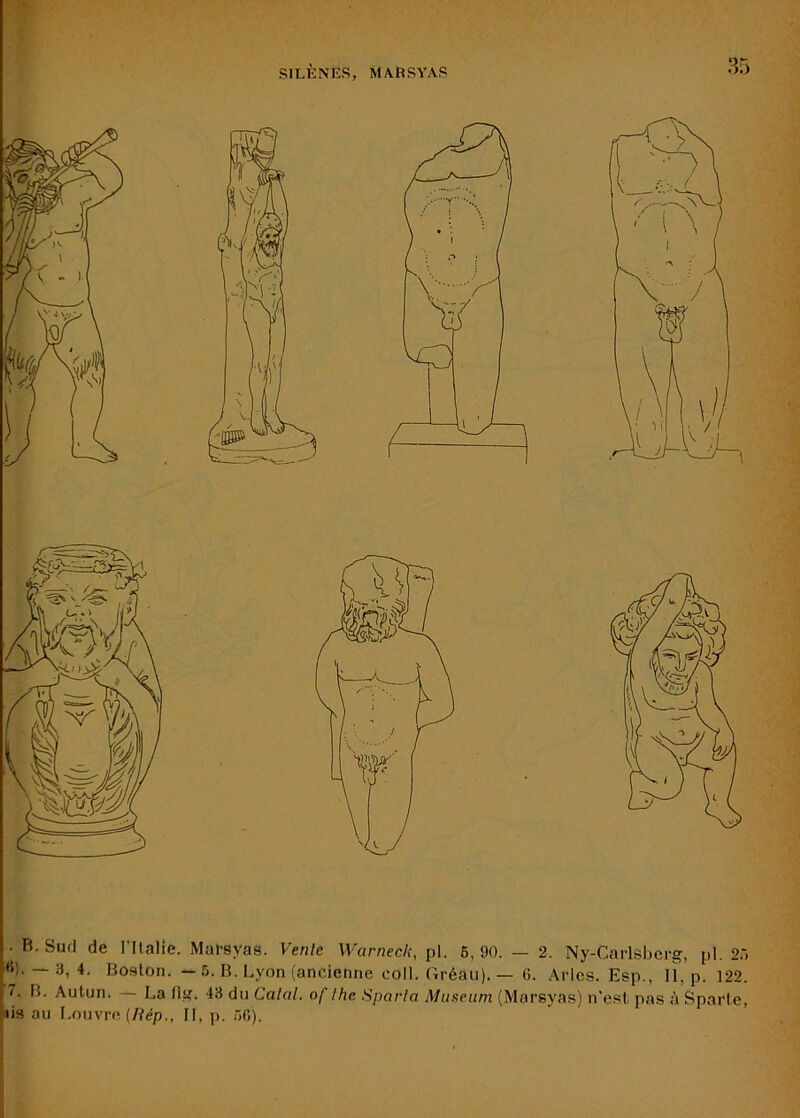 SIL12NE.S, MARSYAS . B. Sud de l’Ilalie. Mai-syas. Vente Warneck, pl. 6, 90. — 2. Ny-Carlsberg, pl. 25 «). — 3, 4. Boston. - 6. B. Lyon (ancienne ooll. Gréau). — 6. Arles. Esp., Il, p. 122. 7. B. Autun. La fig. 43 du Calai, of lhe Sparla Mimeum (Marsyas) n’e.si pas à Sparte, lis au I.onvre (/tép., Il, ]). 56). !