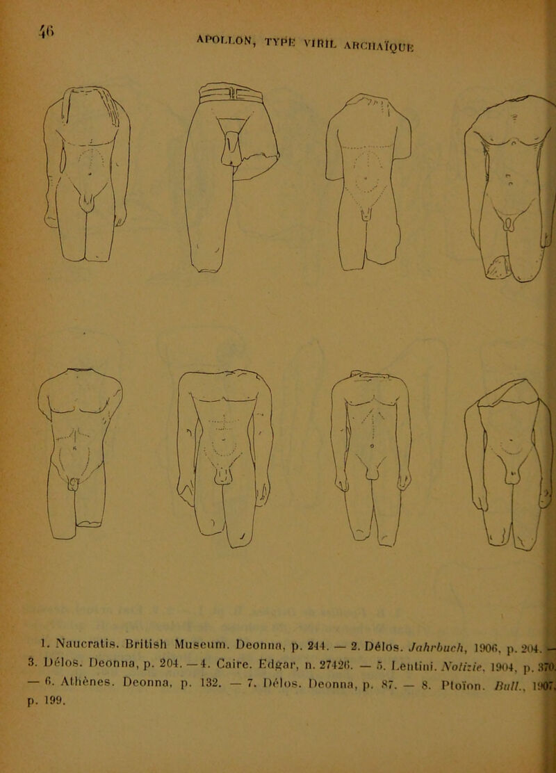 ',r, APor.r.oN, typr VIRIL ARCHAÏQUIî 1. Naucralis. British Muséum. Deomm, p. 244. — 2. Délos. Jahrbuch, 190fi, p. 204. - 3. Délos. Deonna, p. 204. —4. Caire. Edgar, n. 2742(î. — ô. Leiitiiii. Nolizie, 1904, p. 370. — <>• Athènes. Deonna, p. 132. — 7. Délos. Deonna, p. S7. — 8. Ploïon. liitU., 1907, p. 199.