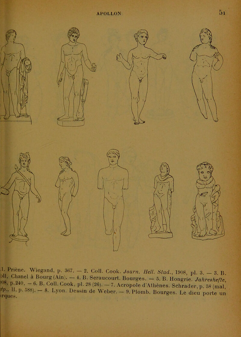 5l I. Friènc. Wiegand, p. 3(Î7. - 2. Coll. Cook. Journ. llell. Slud., l'Jü8, pl. 3. - 3. B. ,1' ^ Bourg (Ain). - 4. B. Seraucourt. Bourges. - 6. B. Hongrie. Jahreshefte, -08, P 240. - 6. B. Coll. Cook, pl. 28 (26). - 7. Acropole d'Athènes. Schrader, p. 68 (mal