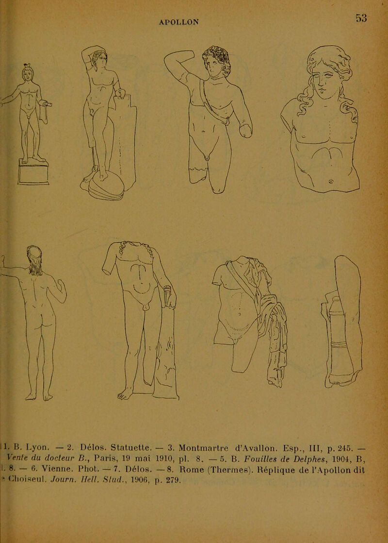 11. B. Lyon. — 2. Délos. Statuette. — 3. Montmartre d’Avallon. Esp., III, p. 245. — Vente du docteur B., Paris, 19 mai 1910, pl. 8. —6. B. Fouilles de Delphes, 1904, B, |l. 8. — 6. Vienne. Phot. — 7. Délos. —8. Rome (Tliermes). Réplique de l’Apollon dit > Choiseul. Journ. Ilell. Slud., 190fi, p. 279.