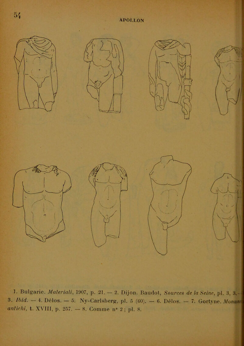 APOLLON 1. Bulgarie. Maleriali, 11)07, p. 21. — 2. Dijon. Bauflol, Sourcen de la Seine, pl. 3, 3.- 3. Ibid. — 4. Délos. — ô. Ny-Carl.sl)org, pl. 5 (60). — 6. D('los. — 7. Gortyne. Monun’ anliclii, t. XN III, p. 257. — H. Comme n° 2; pl. S.