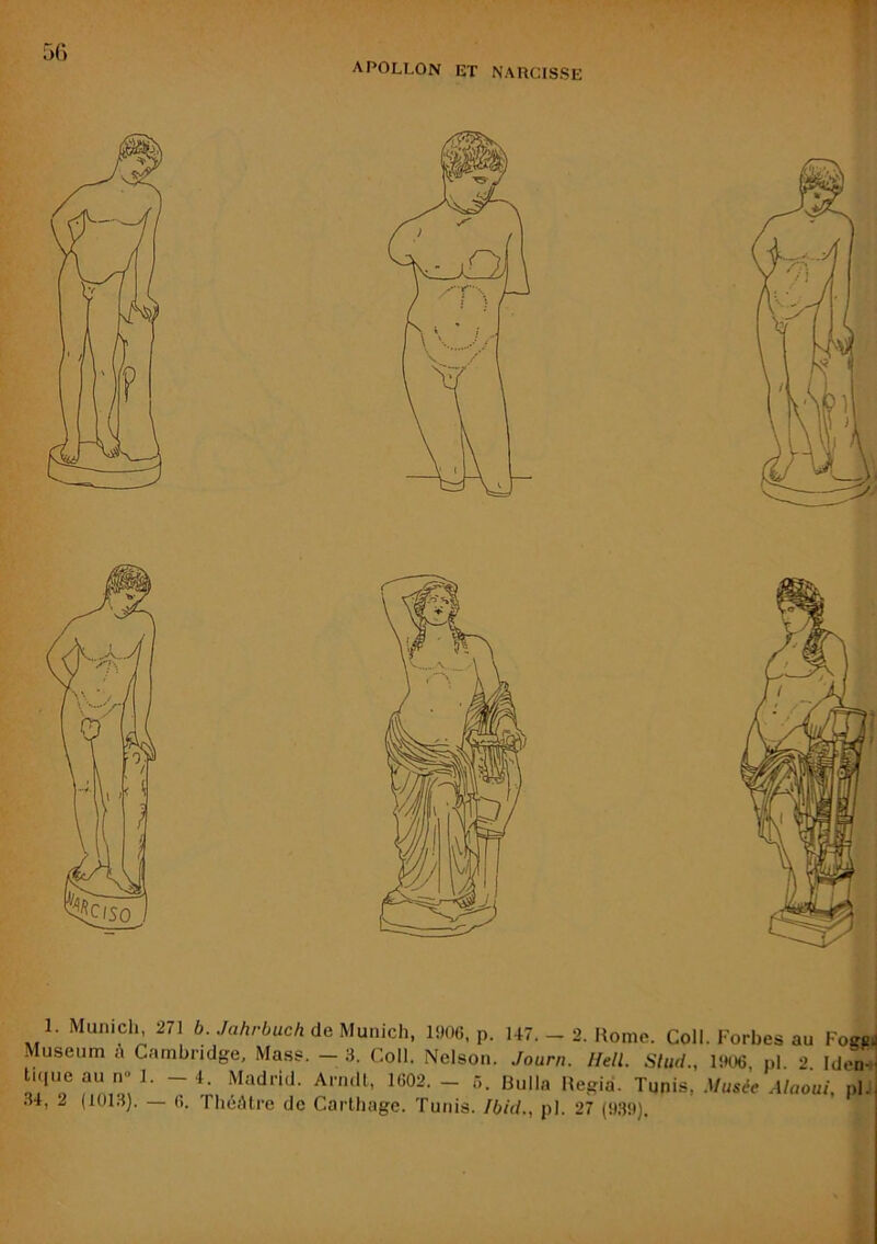 APOLLON ET NARCISSE 1. Munich, 271 6. yn/i/-6uc/i de Munich, 1906, p. 147. - 2. Home. Coll. Forhes au Foaii Muséum i\ Cambridge, Mass. - 3. Coll. Nelson. Journ. Hell. Slud., 1906 pi 2 Iden- tniue au n“ 1. - 4. Madrid. Arndl, 1602. - r,. Huila Hegia. Tunis, Musée Alaoui, pl. 34, 2 (1013). — 6. ThéîUre de Carthage. Tunis. Ibid., pl. 27 (9.39).
