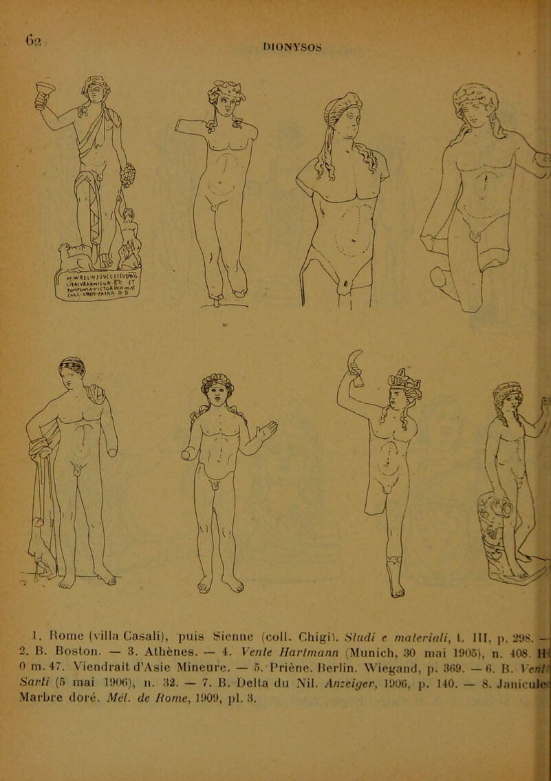 G?. 1. Home (villa Casali), puis Sienne (coll. Chigil. Sltidi c materiali, \. III, p. 208. 2. B. Boston. — 3. Athènes. — 4. Venle Hartmann (Munich, 30 mai 1905), n. 408 Hi 0 m. 47. Viendrait d’Asie Mineure. — 5. Priène. Berlin. Wiegand, p. 3(59. —B. Vent' Üarli (5 mai 19(Mi), ii. 32. — 7. B. Delta du .\il. Anzeiyer, 190Ü, p. 140. — 8. Janicule