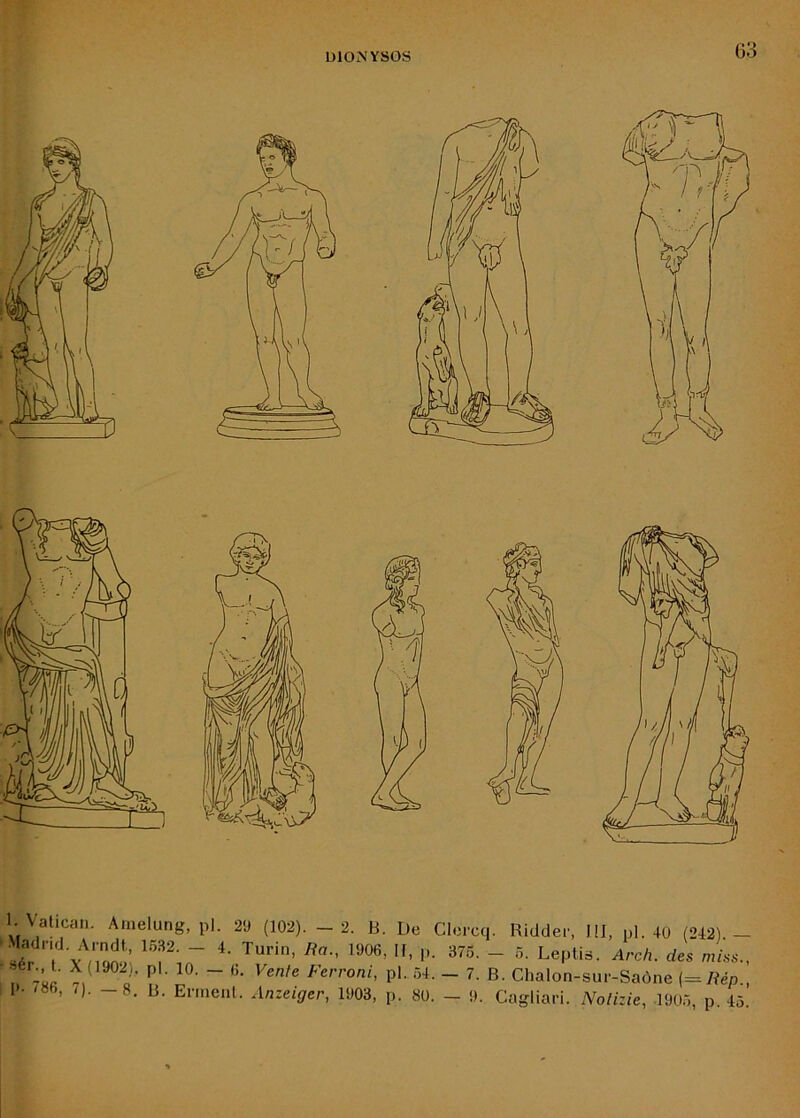 1. Vatican. Amelung, pl. 29 (102). -2. B. De Clercq. Riddei-, III, pl. 40 (242).- n 7«fi îi «■ U ~ '’■ pl. 54. - 7. B. Chalon-sur-Saône (=/?ép., 1 1 . 186, 7). -8. B. Erinenl. Anzeiger, 1903, p. 80. - 9. Cagliari. Nolizie, .1905 p 45