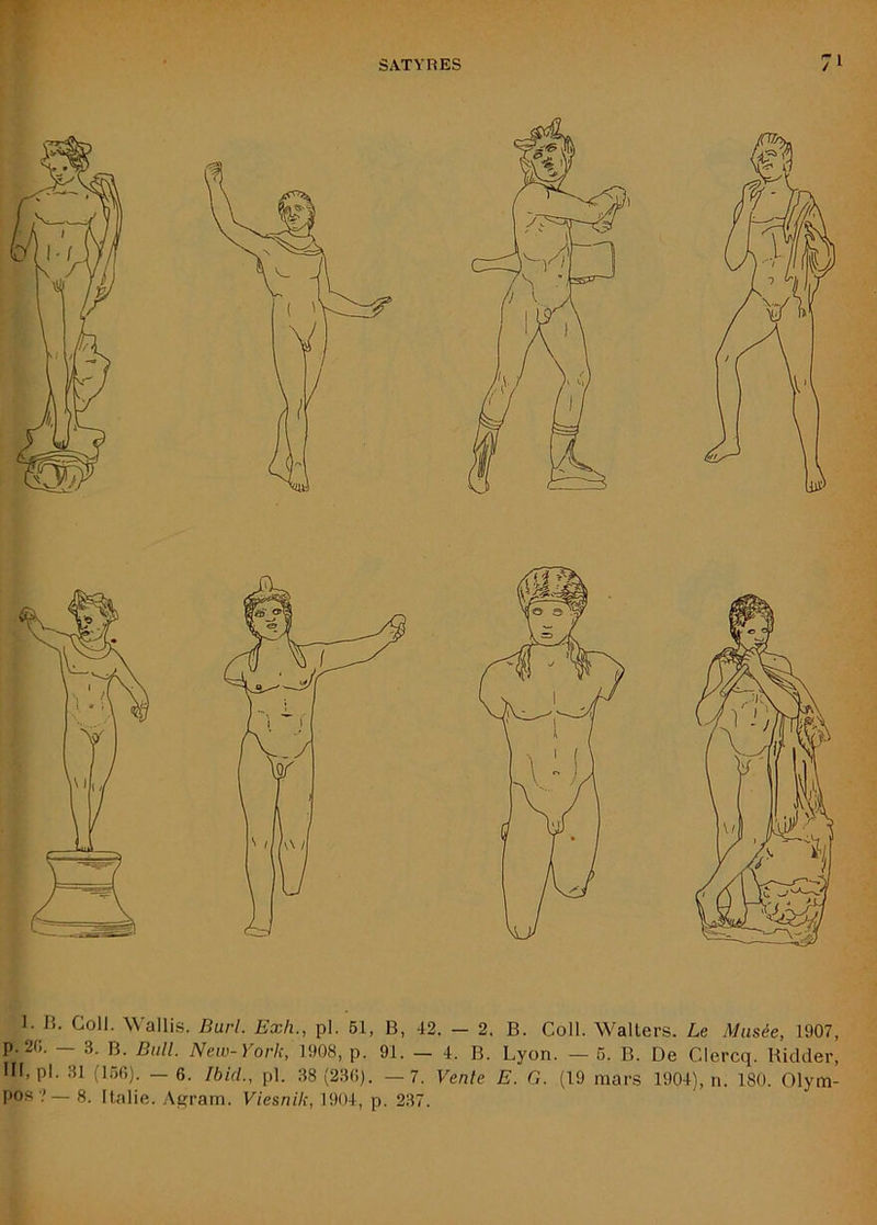 l ]. B. Coll. Wallis. Burl. Exh., pl. 61, B, 42. - 2. B. Coll. Wallers. Le Musée, 1907, p. 20. — 3. B. Bull. New-York, \sm, p. 91. — 4. B. Lyon. — 6. B. De Clercq. Hidder, III, pl. 31 (156). —6. Ibid., pl. 38(230). — 7. Venle E. G. (19 mars 1904), n. 180. Olym-
