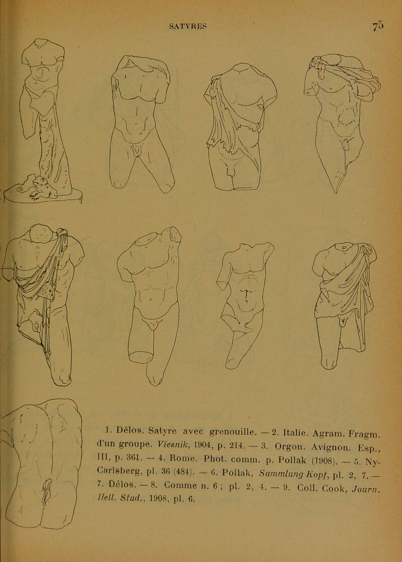 1. Délos. Satyre avec grenouille. —2. Italie. Agram. Fragin. d un groupe. Viesnik, 1904, p. 214. — 3. Orgon. Avignon. Esp., III, p. 361. — 4. Rome. Phot. comm. p. Pollak (1908). — 5. Ny- Carlsberg, pl. .36 (484). - 6. Pollak, Sammlung Kopf, pl. 2, 7.- 7. Délos. - 8. Comme n. 6 ; pl. 2, 4. - 9. Coll. Cook, Journ. Ilell. Stud., 1908, pl. 6.