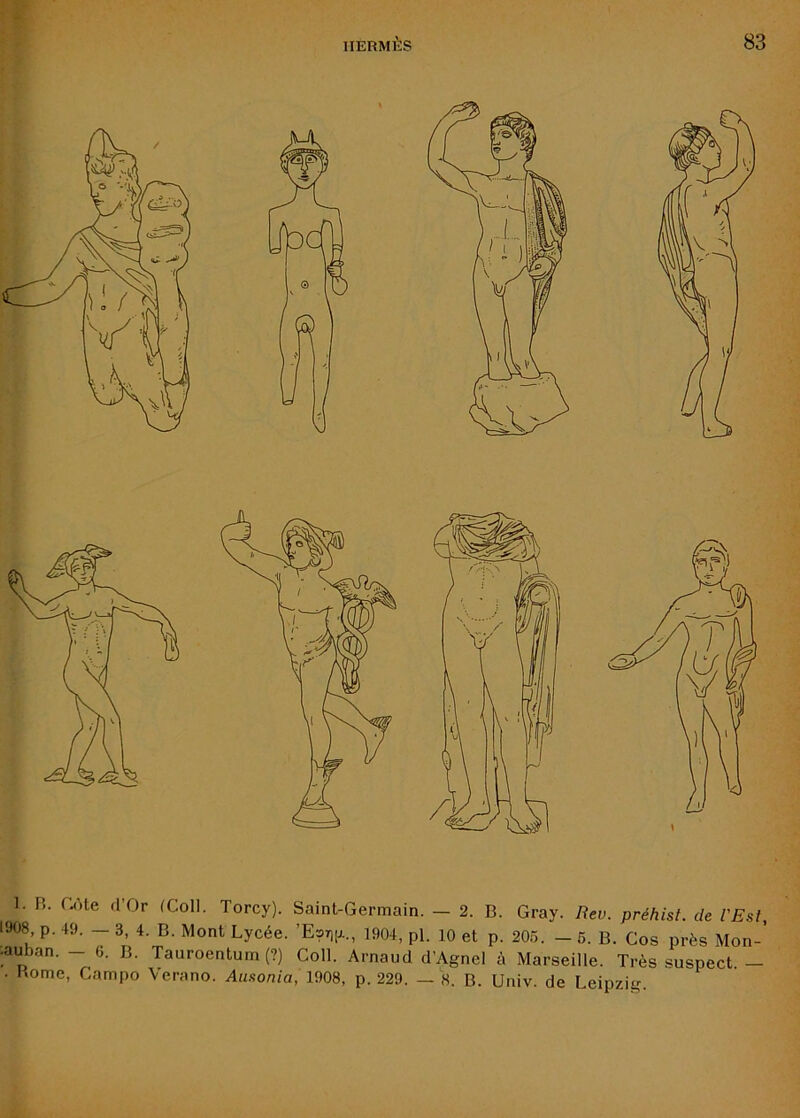 1. R. r/)te d’Or (Coll. Torcy). Sainl-Germain. - 2. B. Gray. Rev. préhisl. de l'Est, 1908, p. 49. — 3, 4. B. Mont Lycée. ’E?t)(j.., 1904, pl. 10 et p. 206. - 6. B. Cos près Mon-’ :auban. - 6. B. Tauroentum (?) Coll. Arnaud d’Agnel à Marseille. Très suspect - . Rome, Campo Verano. Ausonia, 1908, p. 229. - 8. B. Univ. de Leipzig