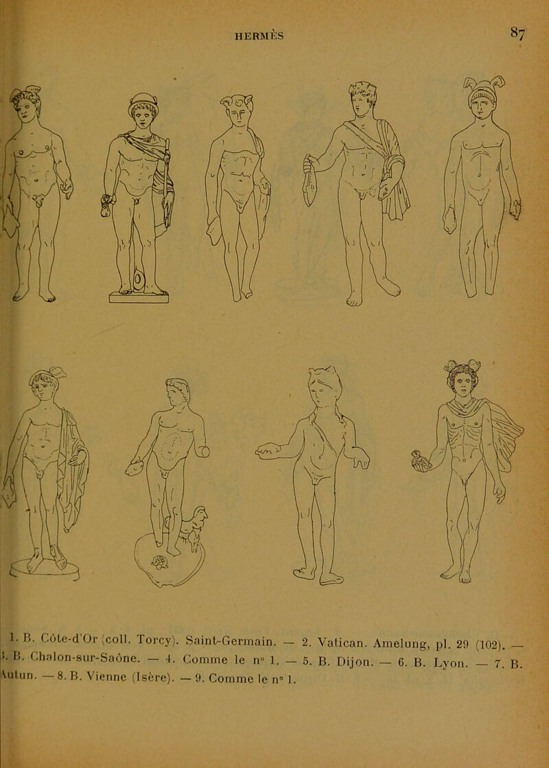 1. R. Côle-d Or (coll. Torcy). Saint-Germain. — 2. Vatican. Amelung, pl. 29 (102). jî. B. Chalon-sur-Saône. — 4. Comme le n» 1. — 5. B. Dijon. — 6. B. Lyon. — 7. B. \utun. 8. B. Vienne (Isère). — 9. Comme le n° 1.