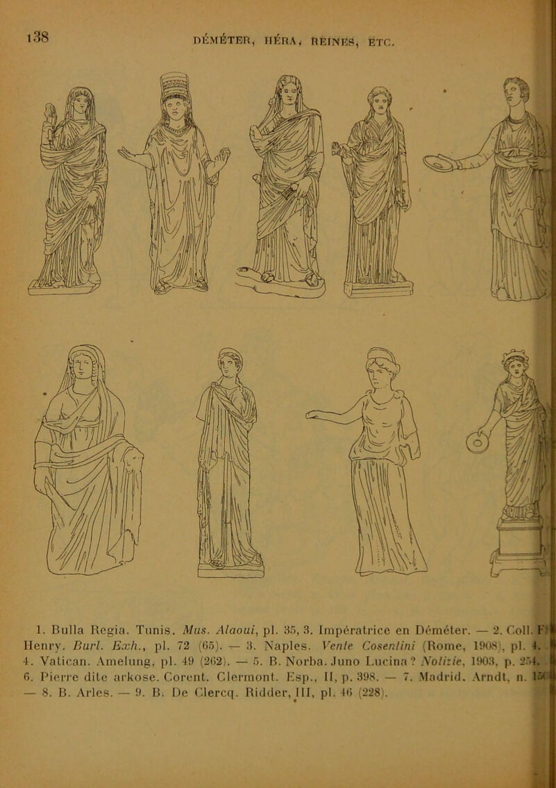 nÉMÉTBn, TiÉnA, riErNKS, etc. 1. Bulla Regia. Tunis. Mus. Alaoui, pl. 3.5, 3. Impératrice en Démêler. — 2. Coll. Kt' Henry. Burl. Exh., pl. 72 (6.5). ^ 3. Naples. Vente Cosenlini (Rome, 1908), pl. 4. 4. Vatican. .Vmelung, pl. 49 (262). — 5. B. Norba..Iuno Lucina ? Nolizie, 1903, p. 2.‘>4. 6. Pierre dite arkose. Corcnl. Clermont. Ksp., 11, p. 398. — 7. .Madrid, .\rndl, n. 15<< — 8. B. Arles. — 9. B. De Clercq. Ridder,jll, pl. 46 (228).