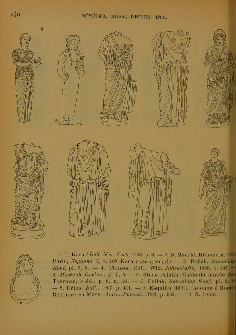 1. B. Ivora ? Rull. New-York, 1908, p. 3. — 2. B. Madrid. Hühner, n. <23i Paris, Espagne, I, p. 108. Ivora avec grenade. — 3. Pollak, Sammluna Kopf, pl. 2, 3. — 4. Thasos. Coll. Wix. Jahresliefte, 1908, p. 147. -■ 5. Musée de Guelnia, pl. 3, ». — 6. Stade Palatin. Guida du musée dcsi Thermes, .3' éd., p. 8, n. 21. — 7. Pollak, Sammlung Kopf, pl. 2, — 8. Délos. Bull., 1907, p. 401. — 9. Es({uilin (1591). Colonna à BoinC'